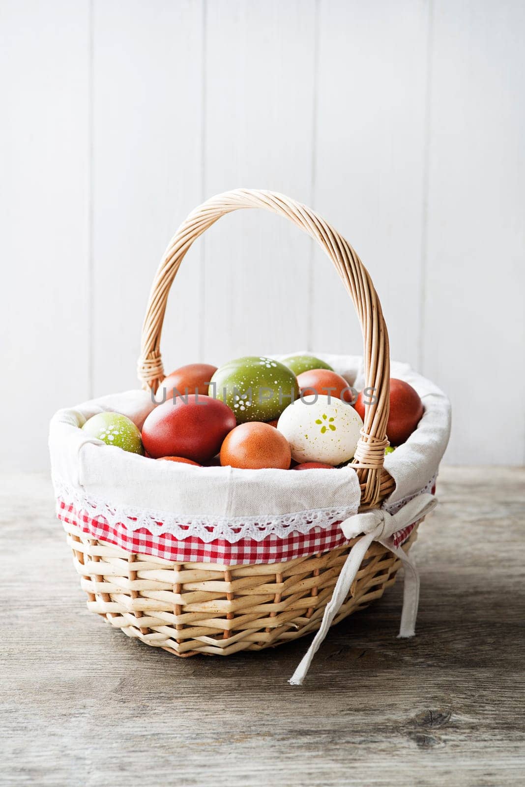 Easter traditional food with eggs in basket. Holidays background