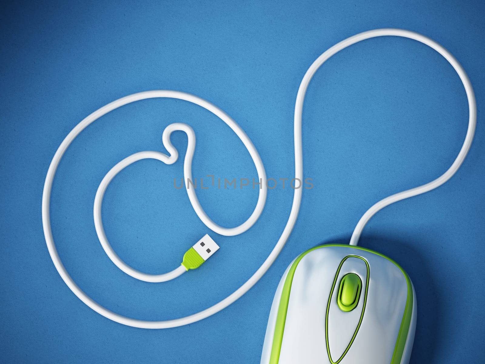 Computer mouse cable forming an at sign. 3D illustration.