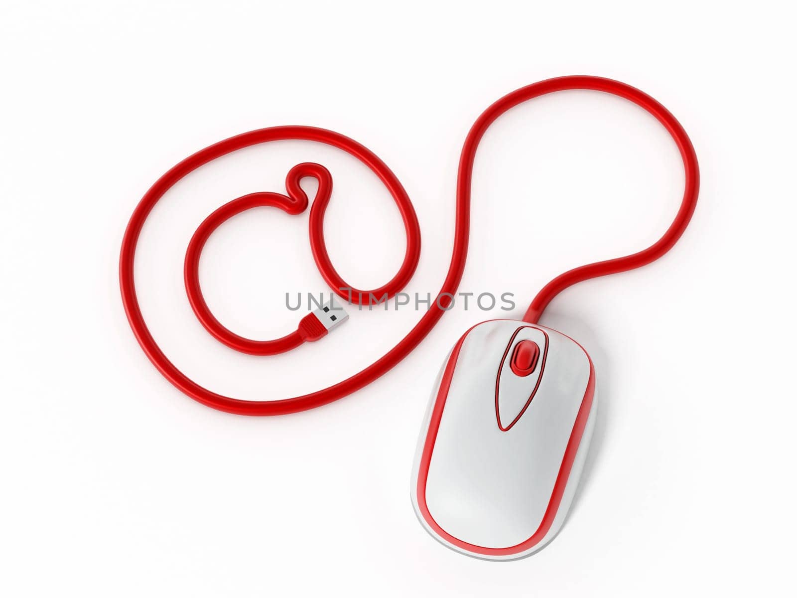 Computer mouse cable forming an at sign. 3D illustration.