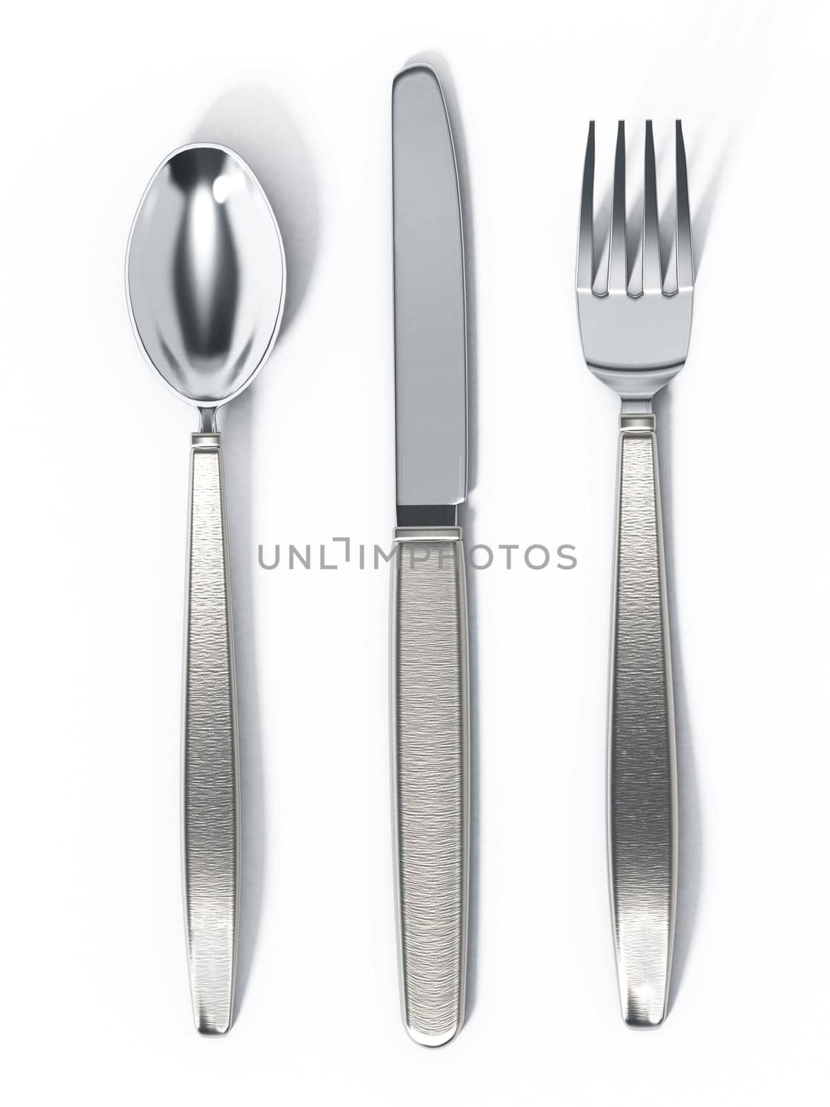 Fork, spoon and knife isolated on white background. 3D illustration.