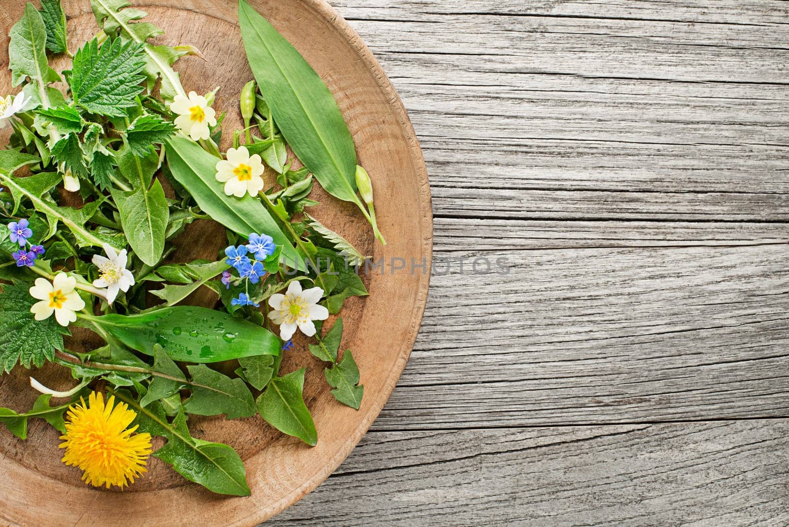 Healthy spring food ingredients. Dandelion, wild garlic and nettle in plate