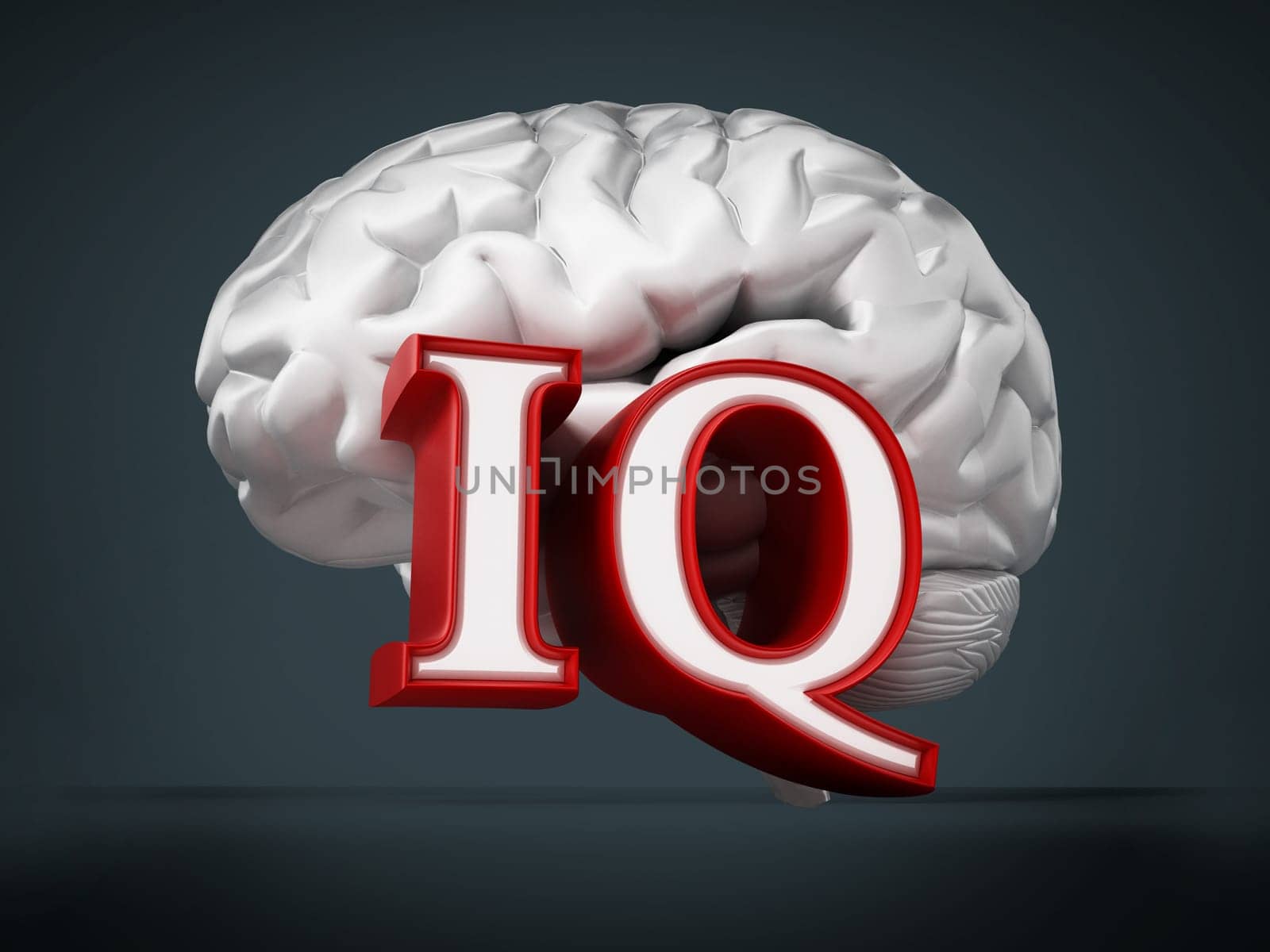 Human brain and IQ word on black background. 3D illustration.