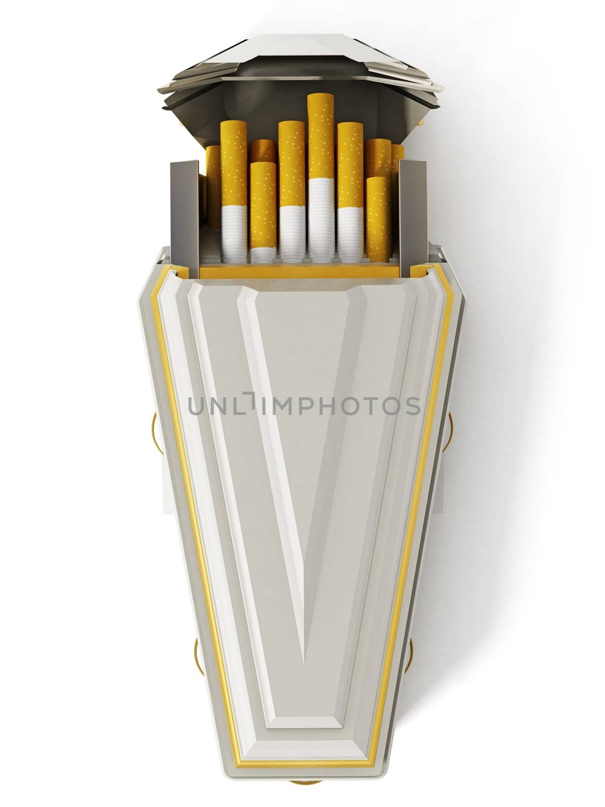Cigarettes inside white coffin isolated on white background. 3D illustration.