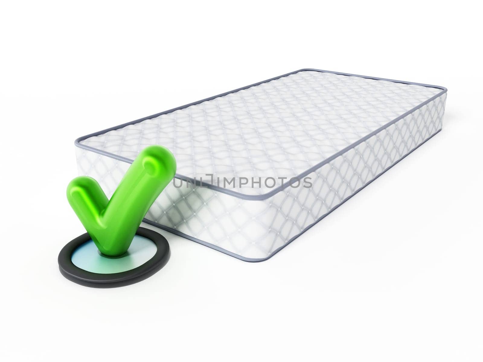 Mattress and tick sign isolated on white background. 3D illustration.