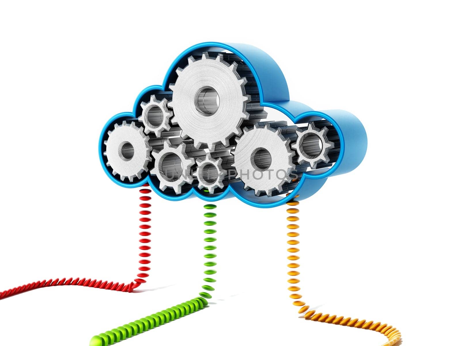 Gears forming a cloud shape connected with colored lines. 3D illustration