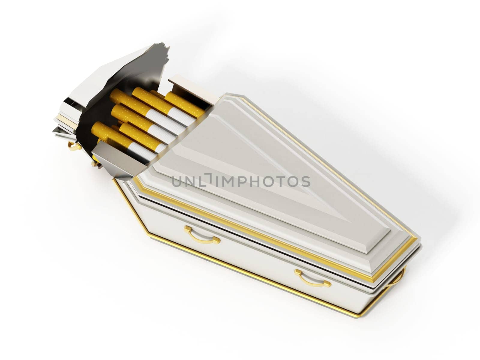 Cigarettes inside white coffin isolated on white background. 3D illustration.