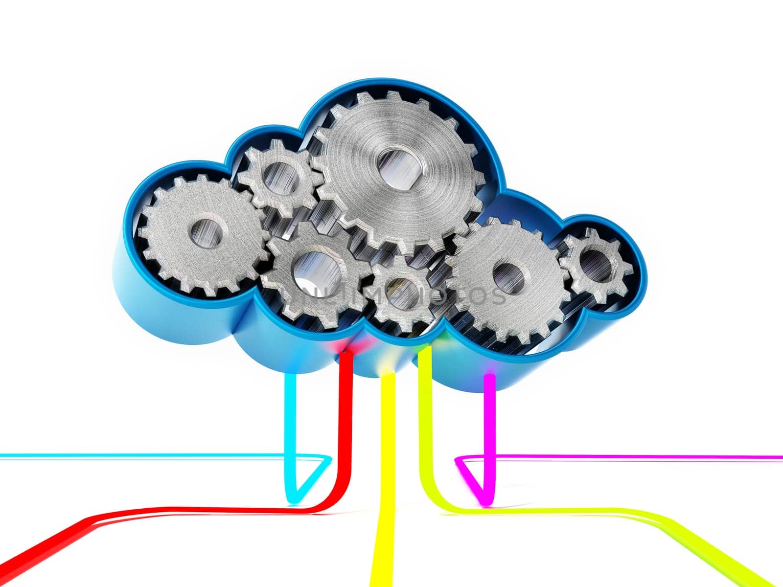 Gears forming a cloud shape connected with colored lines. 3D illustration