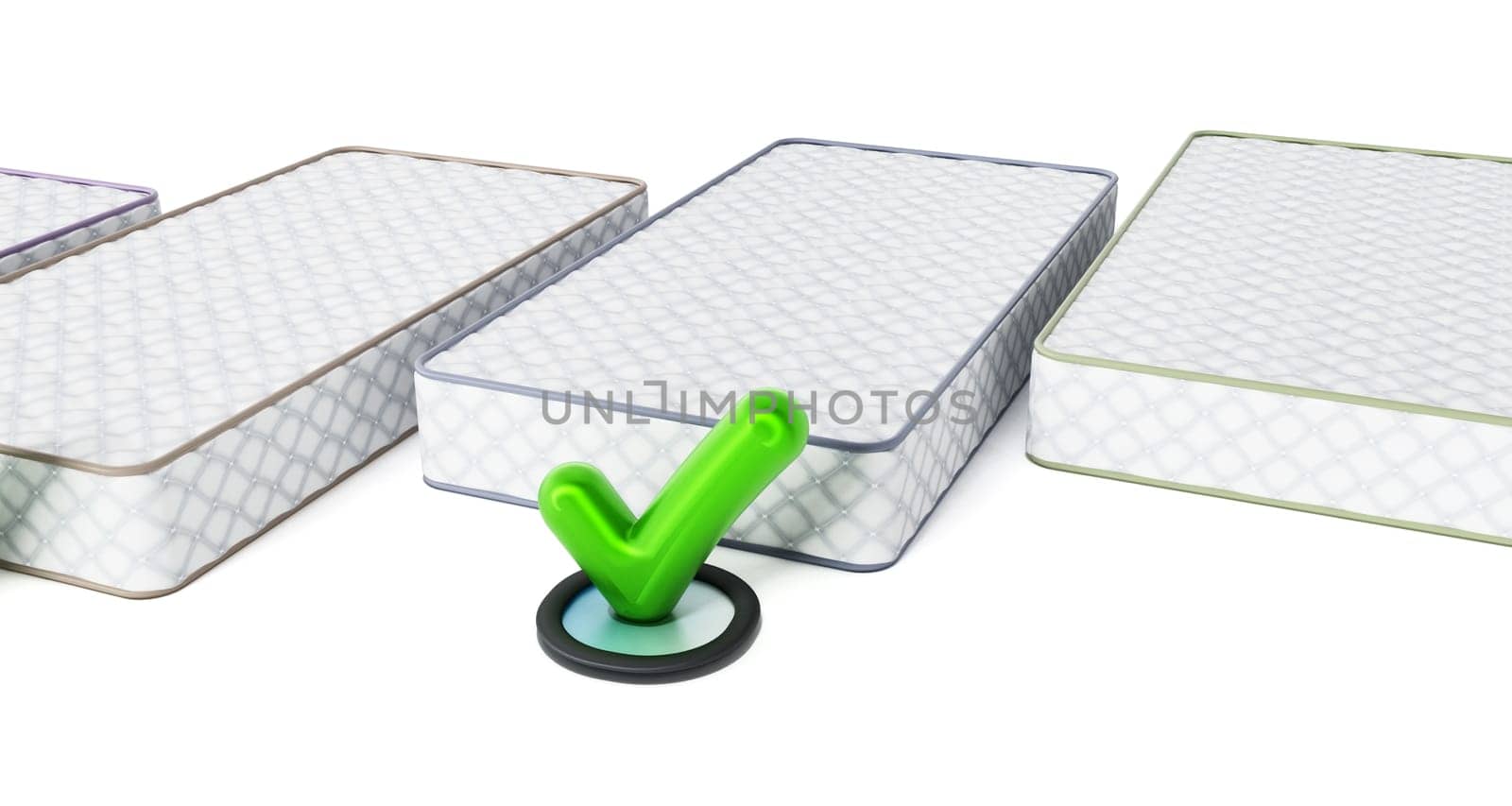 Mattress and tick sign isolated on white background. 3D illustration.