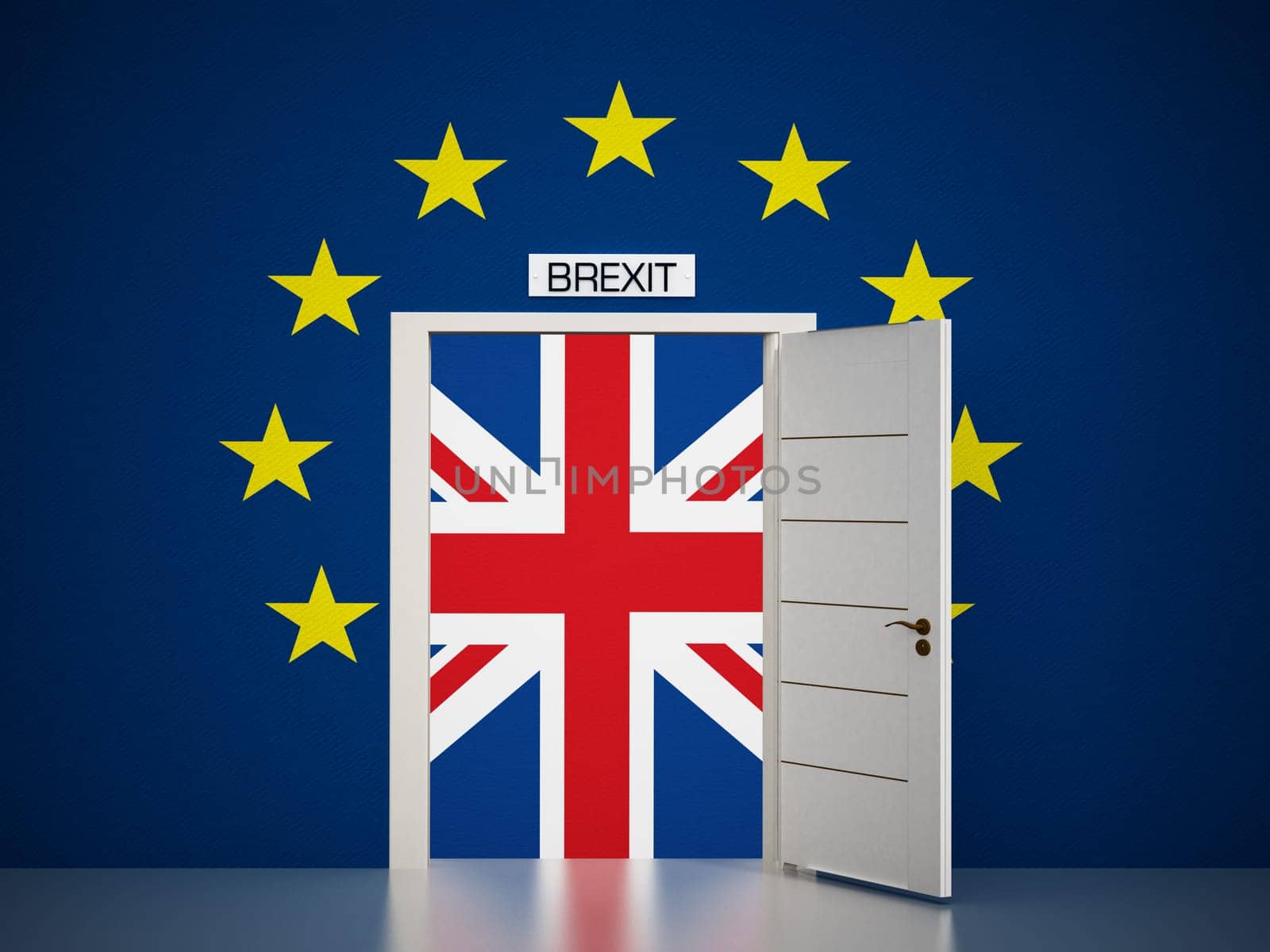 European Union map around open door leading to British flag. 3D illustration.