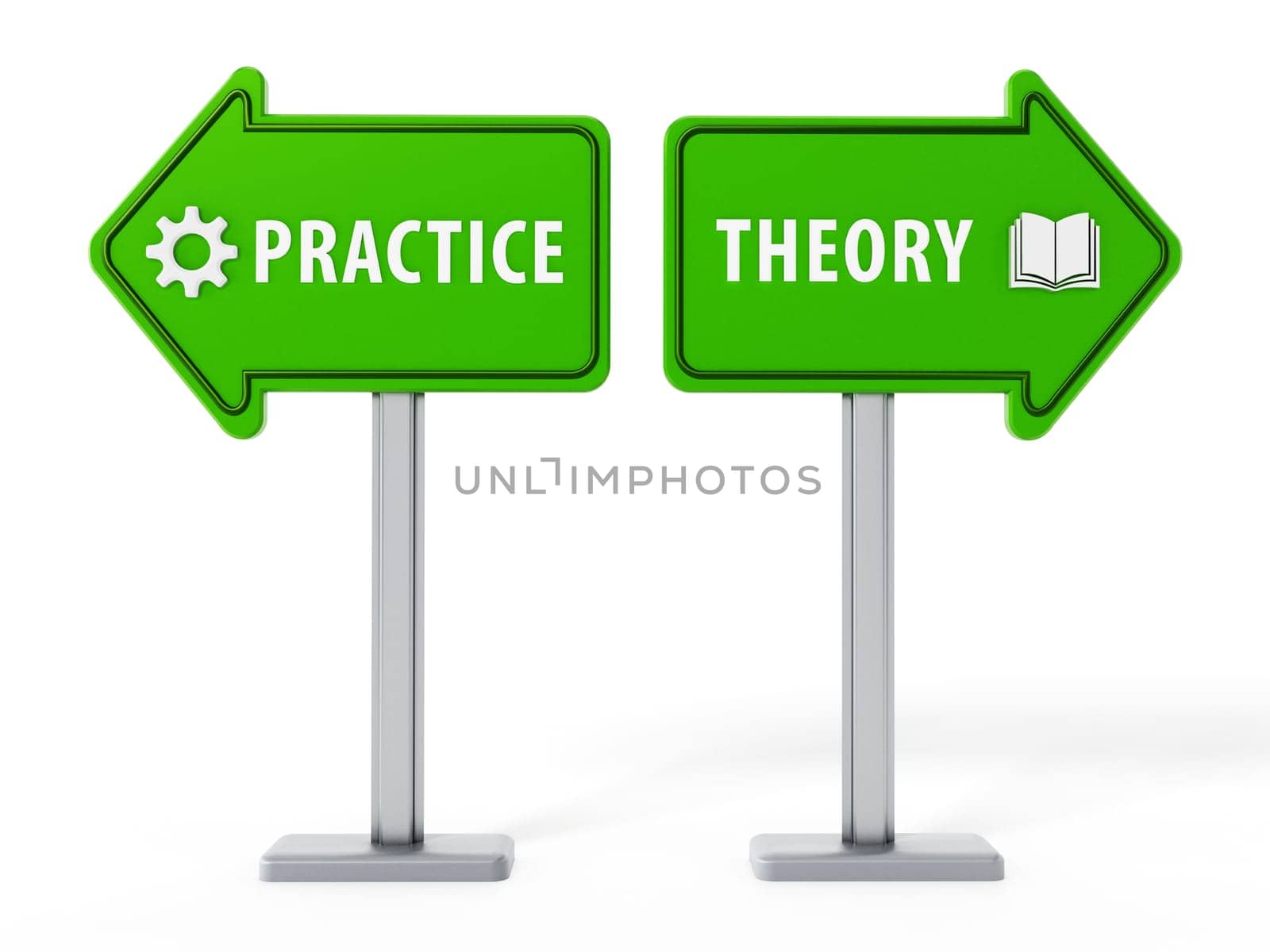 Arrows with theory and practice words on blue background. 3D illustration.