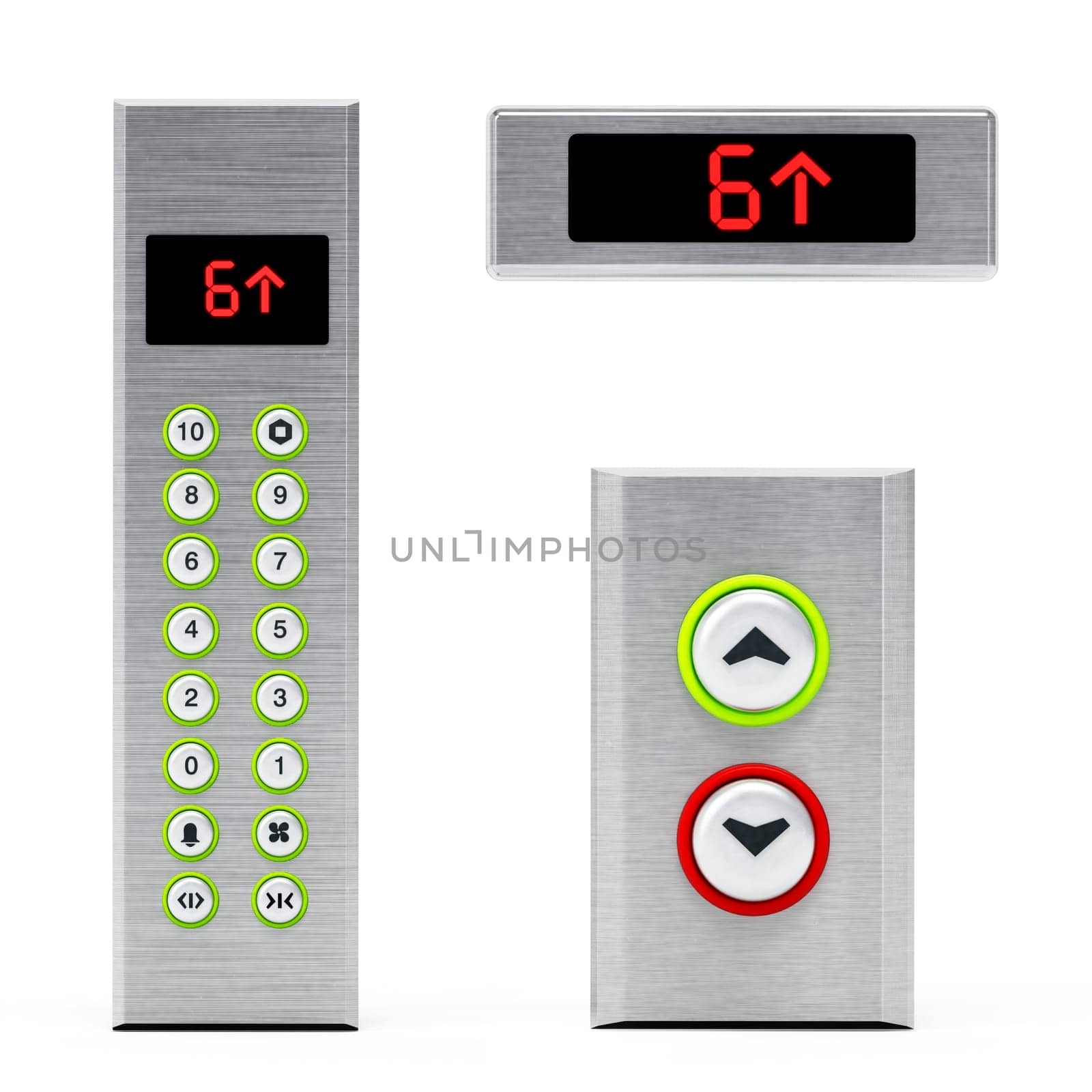 Elevator panels with buttons and LCD display. 3D illustration.