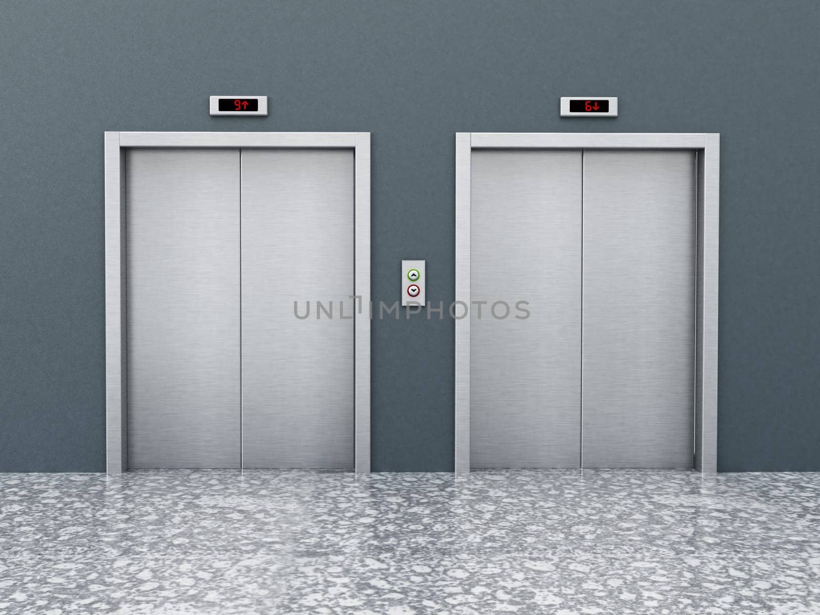 Front view of elevator doors on the corridor. 3D illustration.