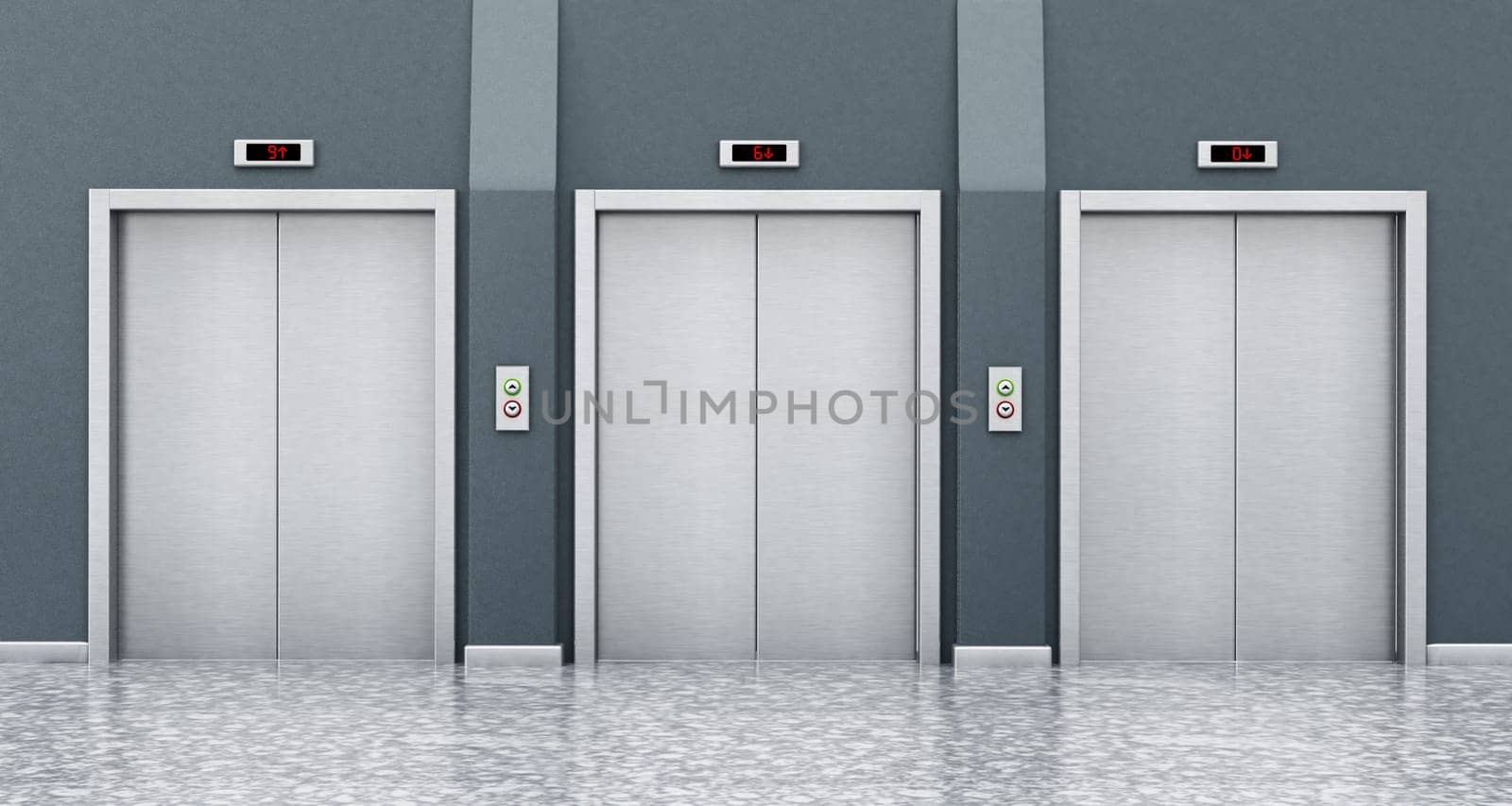 Front view of elevator doors on the corridor. 3D illustration.