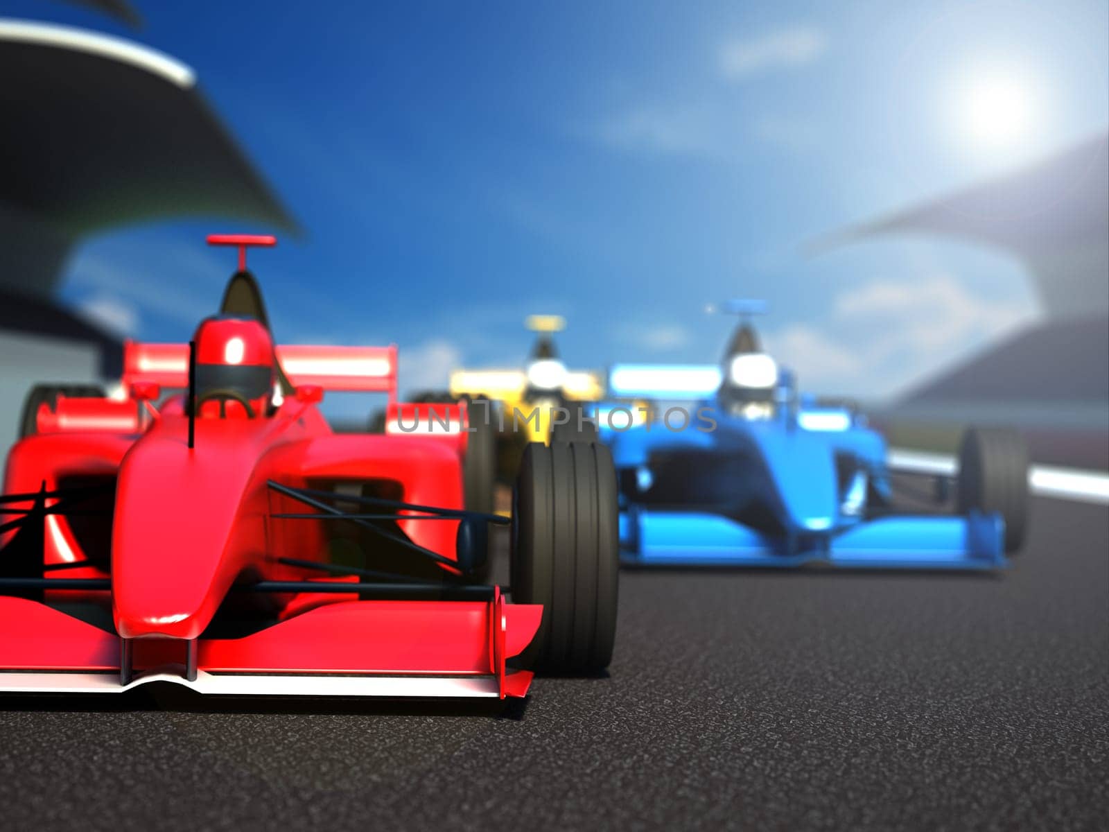 Race cars racing on the track. 3D illustration.