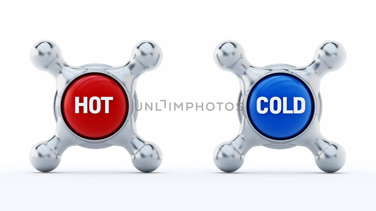 Hot and cold faucets isolated on white background. 3D illustration.