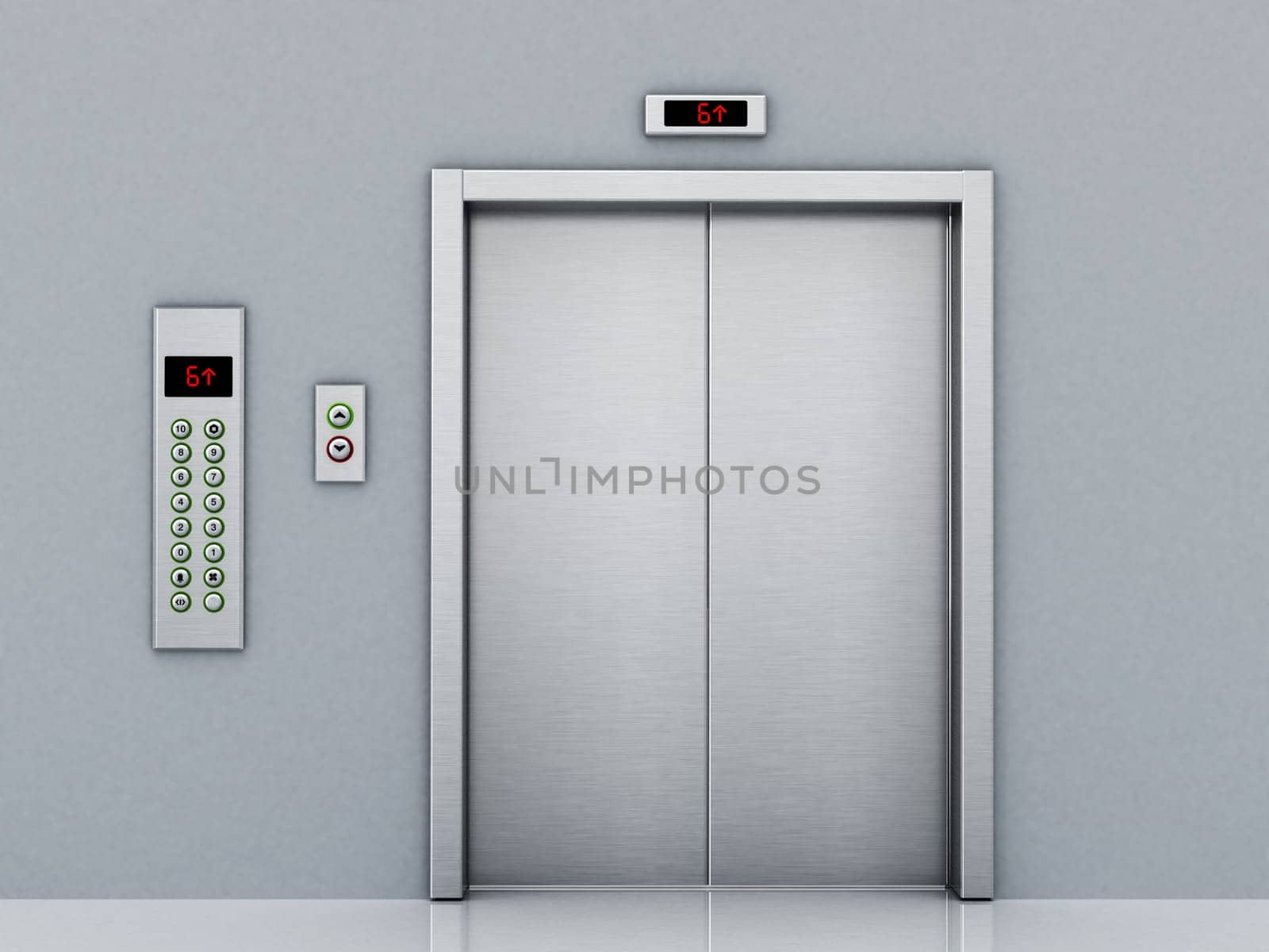 Front view of elevator door and control panel on the corridor. 3D illustration.