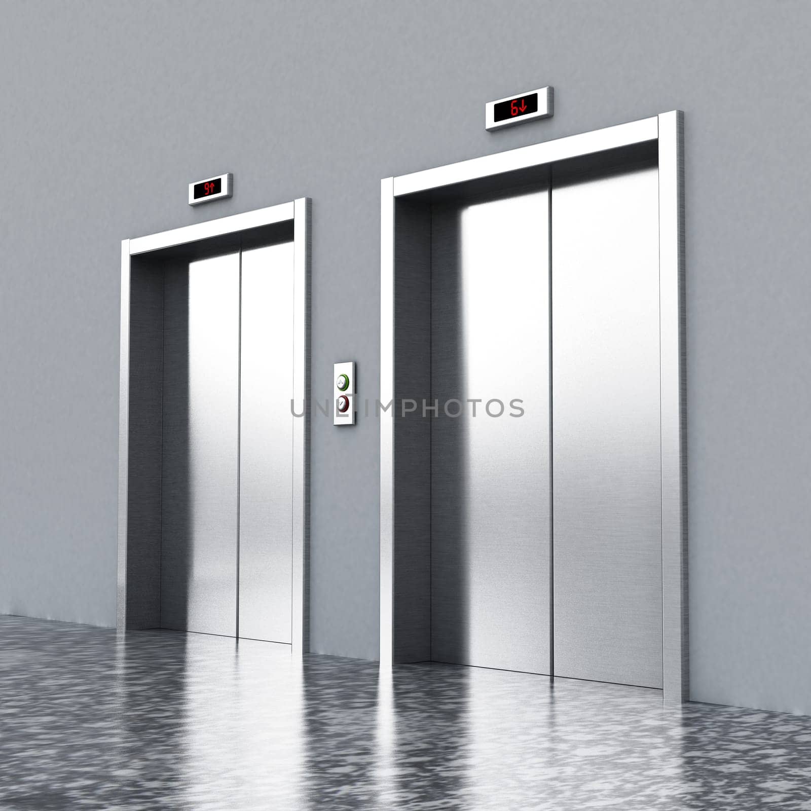 Front view of elevator doors on the corridor. 3D illustration.