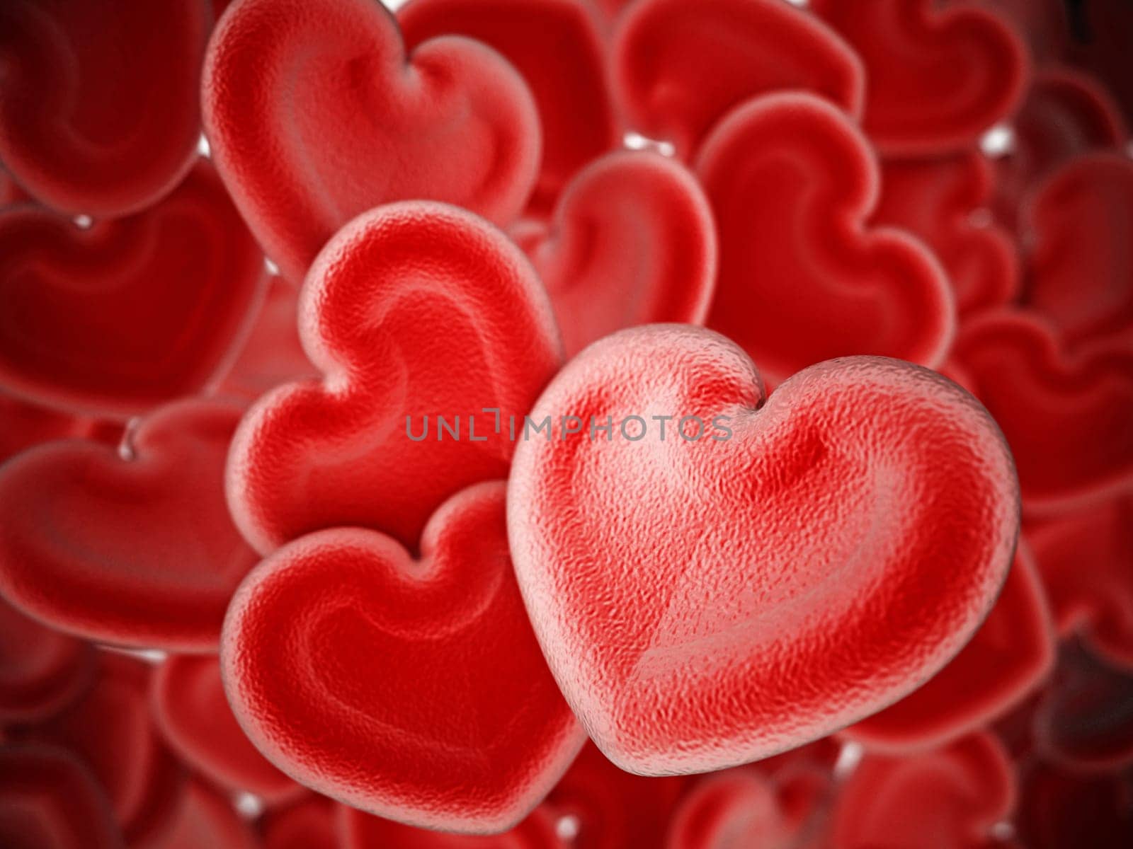 Human heart shaped blood cells background. 3D illustration.