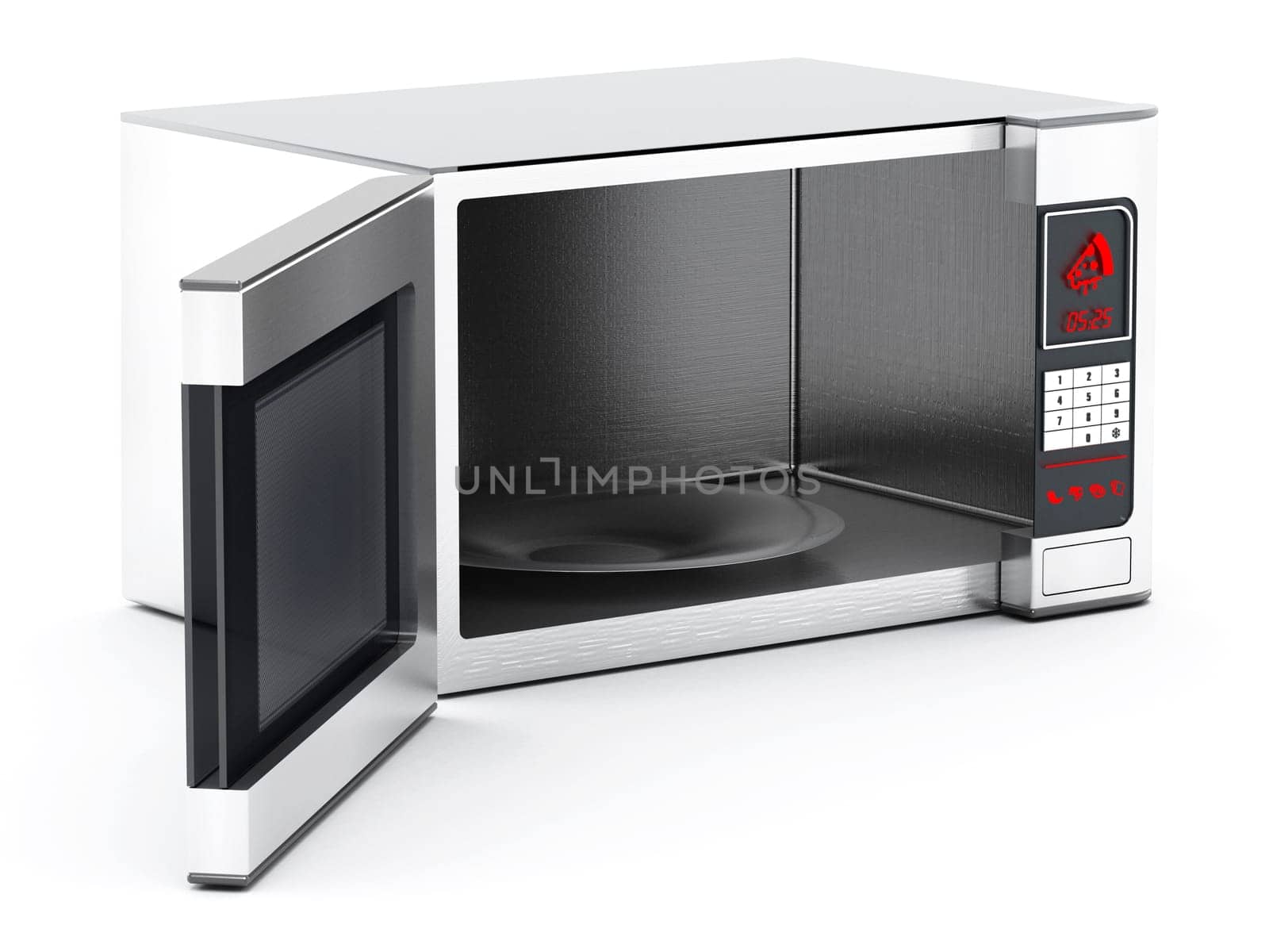 Microwave oven with half open cover. 3D illustration.