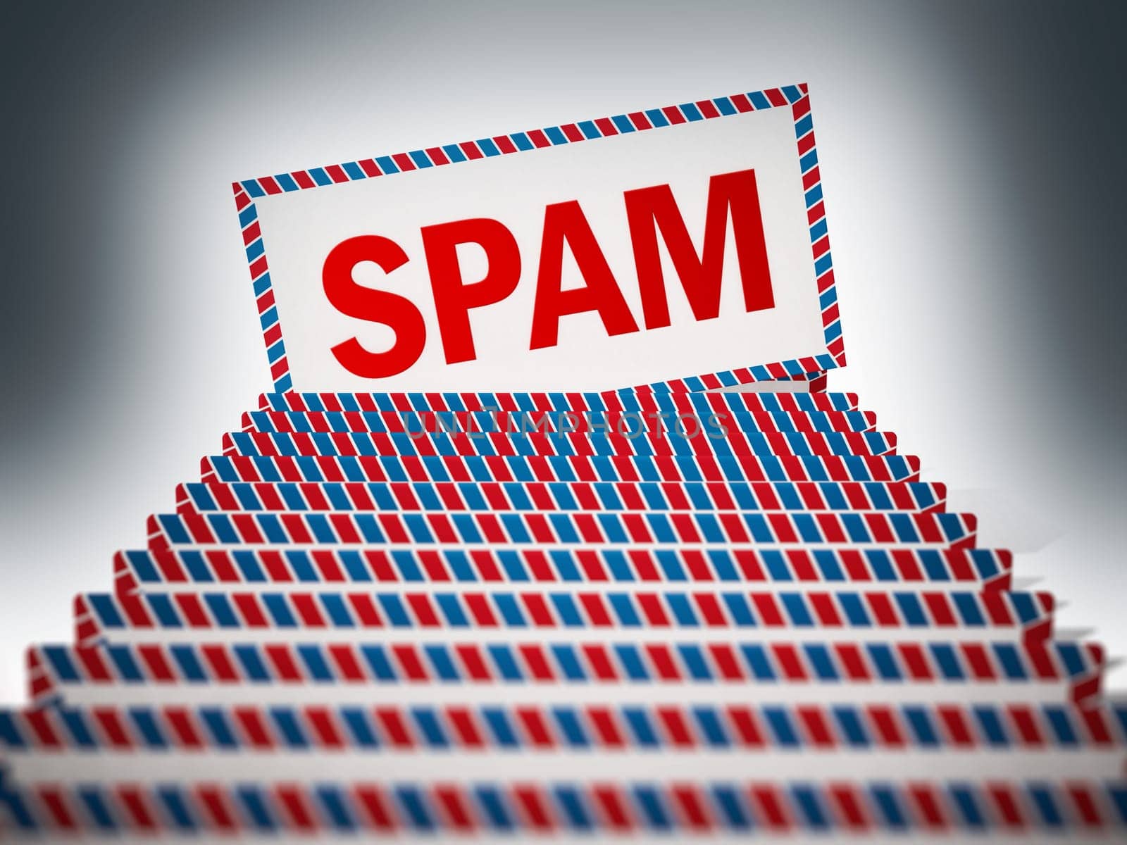 Smail mail among blank enveloppes. 3D illustration.