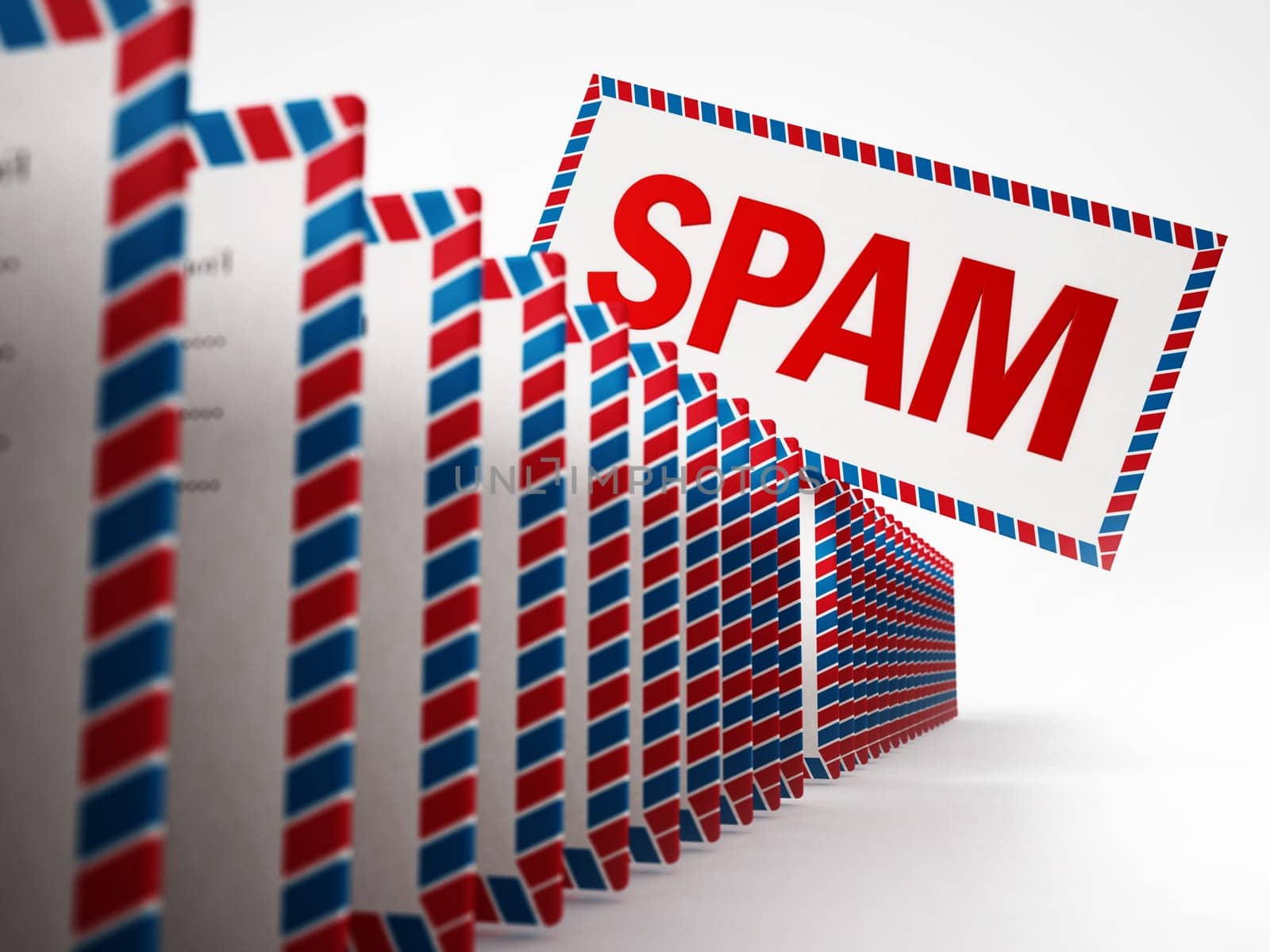 Smail mail among blank enveloppes. 3D illustration.