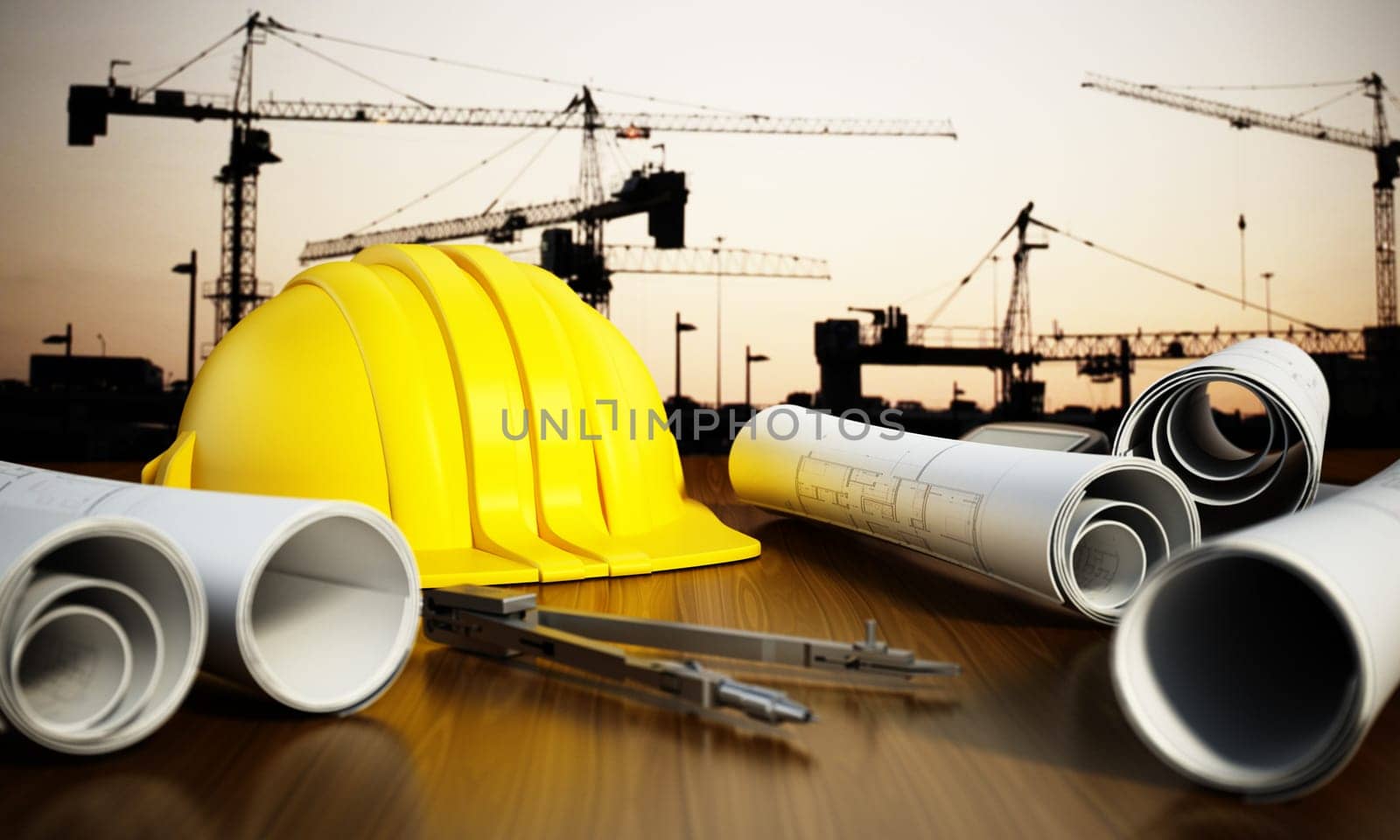 Construction blueprints, hardhat and tools on the table with a construction site on the background. 3D illustration