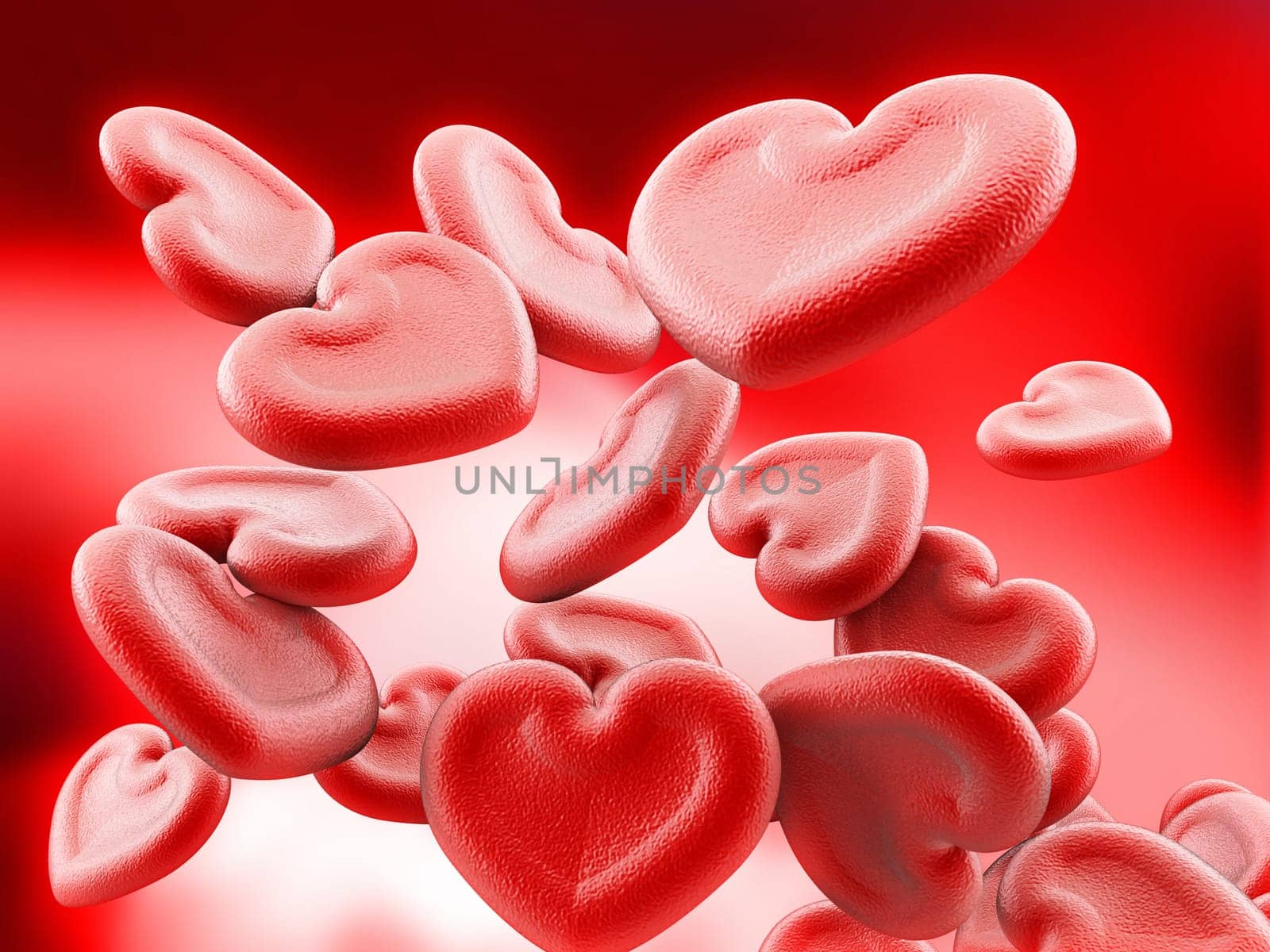 Human heart shaped blood cells background. 3D illustration.