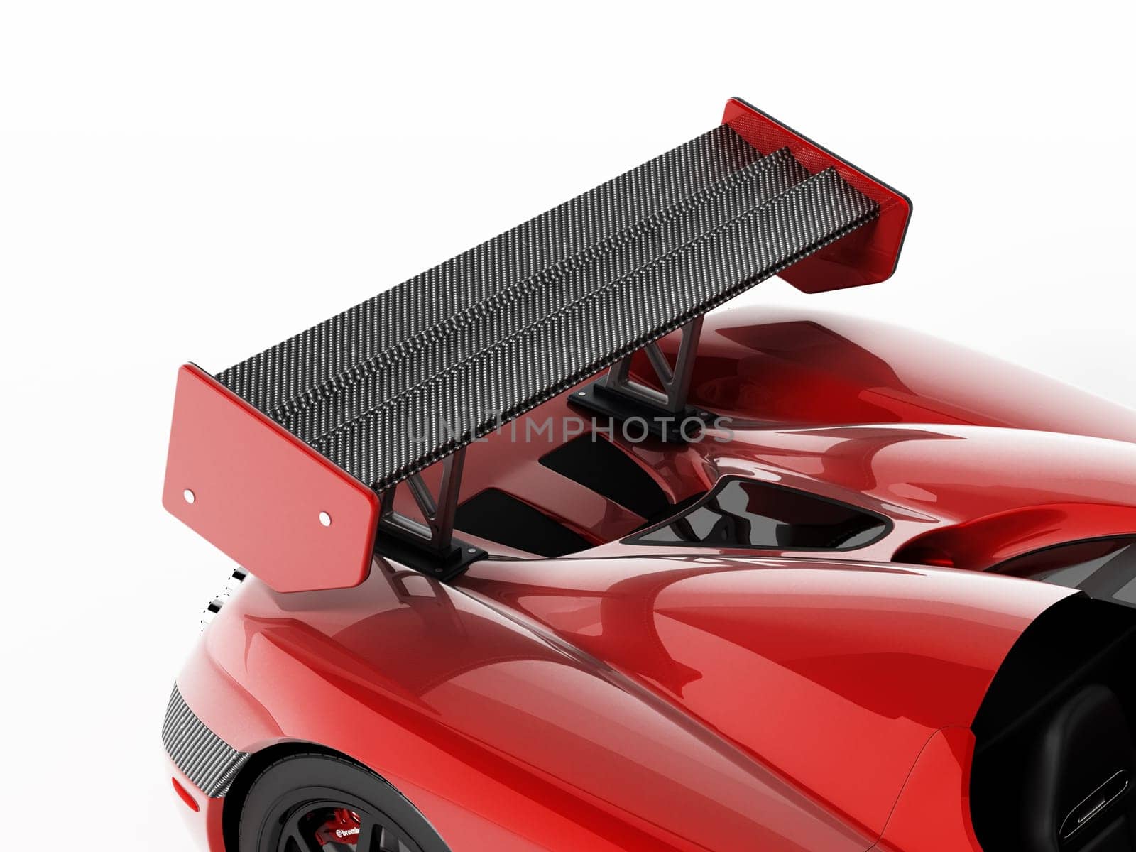 Red race car with carbon fiber spoiler. 3D illustration.