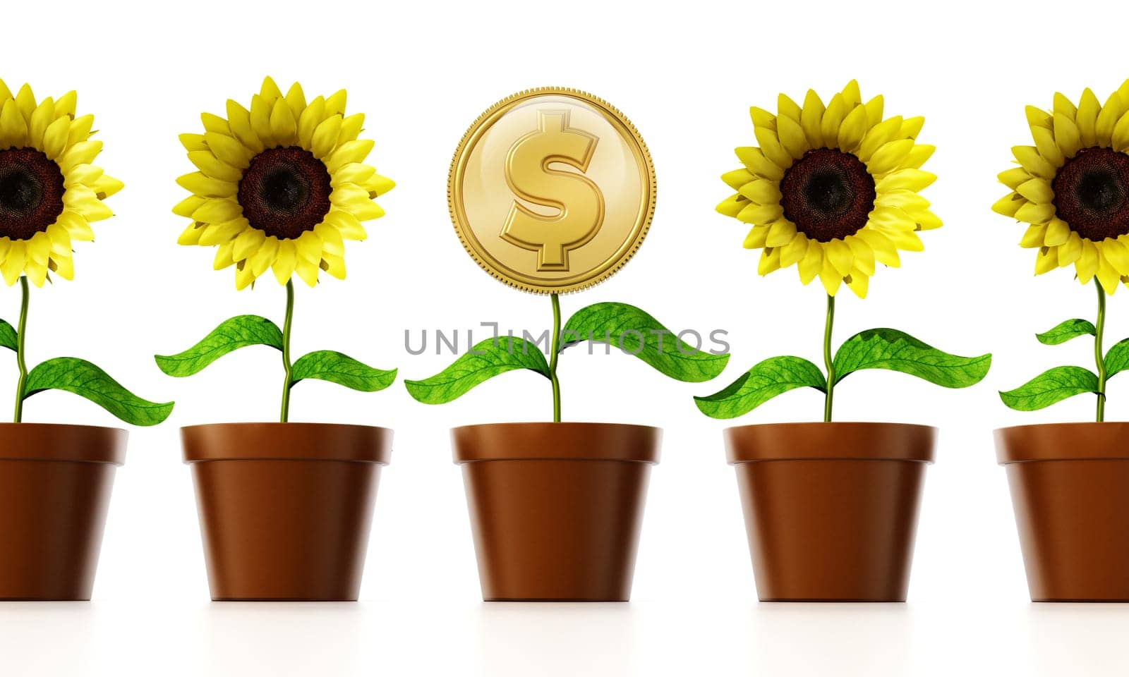 Gold coin with dollar sign on the flower pot among regular flowers. 3D illustration.