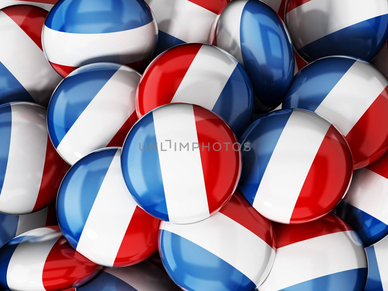 Stack of buttons with French flag. 3D illustration.
