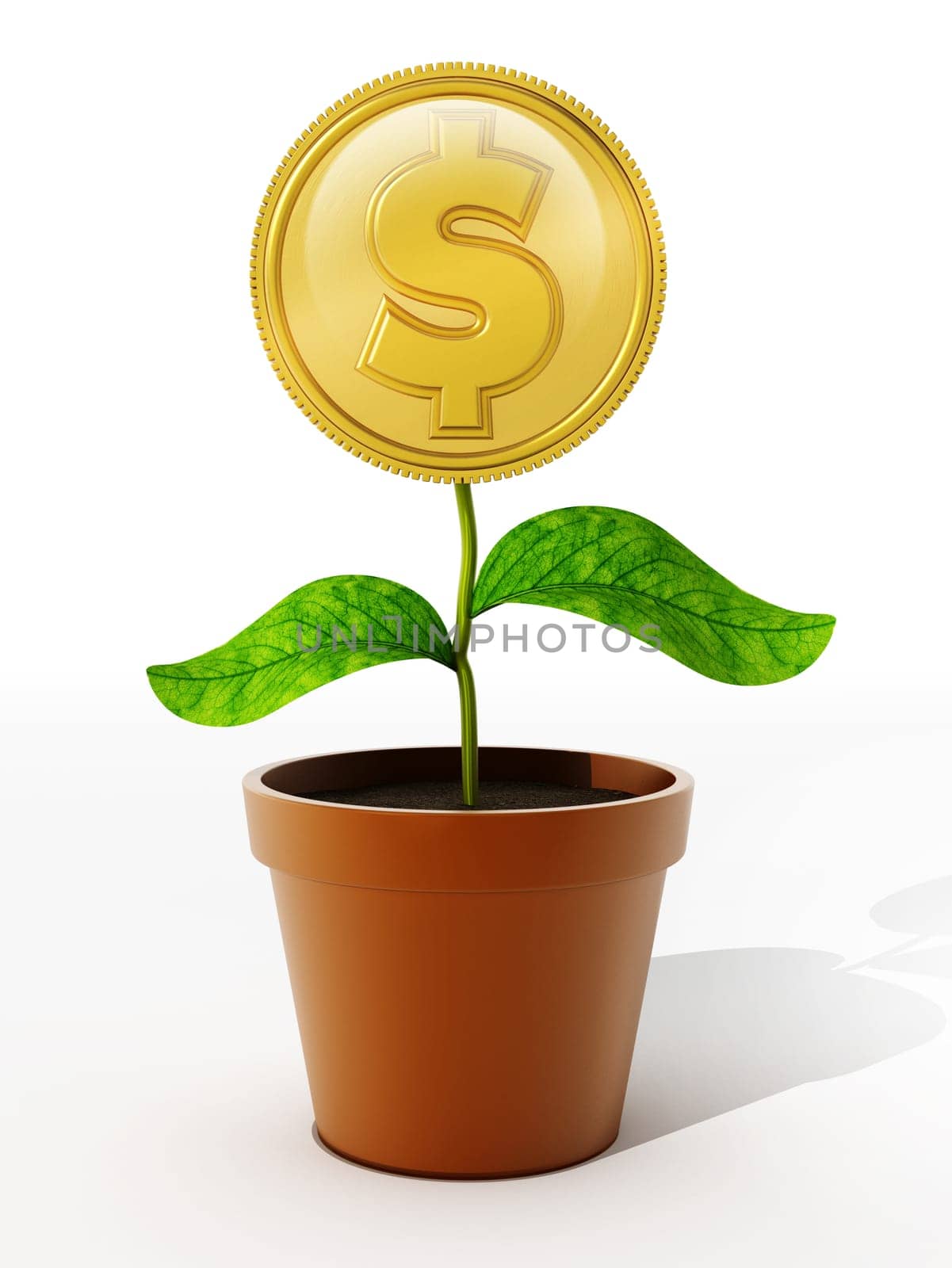 Gold coin with dollar sign on the flower pot. 3D illustration.