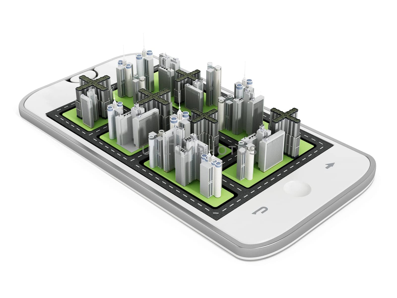 Modern city buildings on the smartphone screen. 3D illustration.