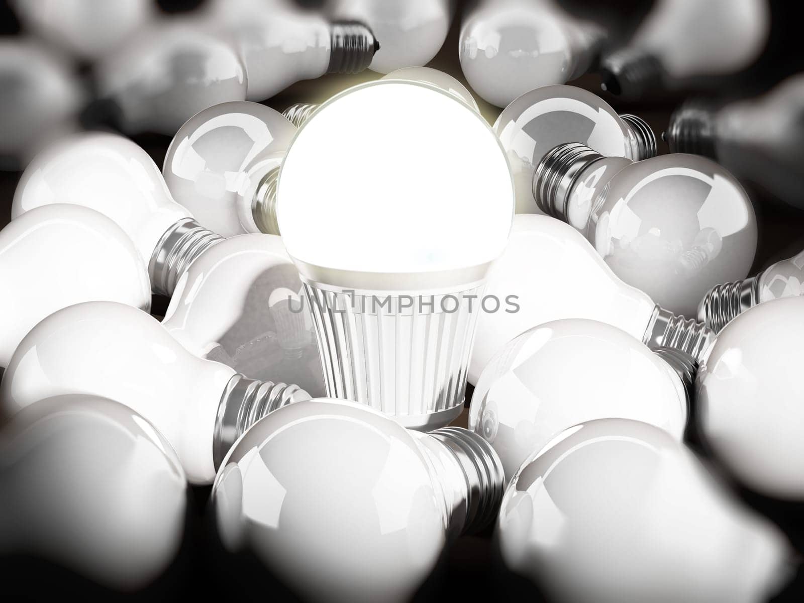 Energy efficient light bulb among standard light bulbs. 3d illustration.