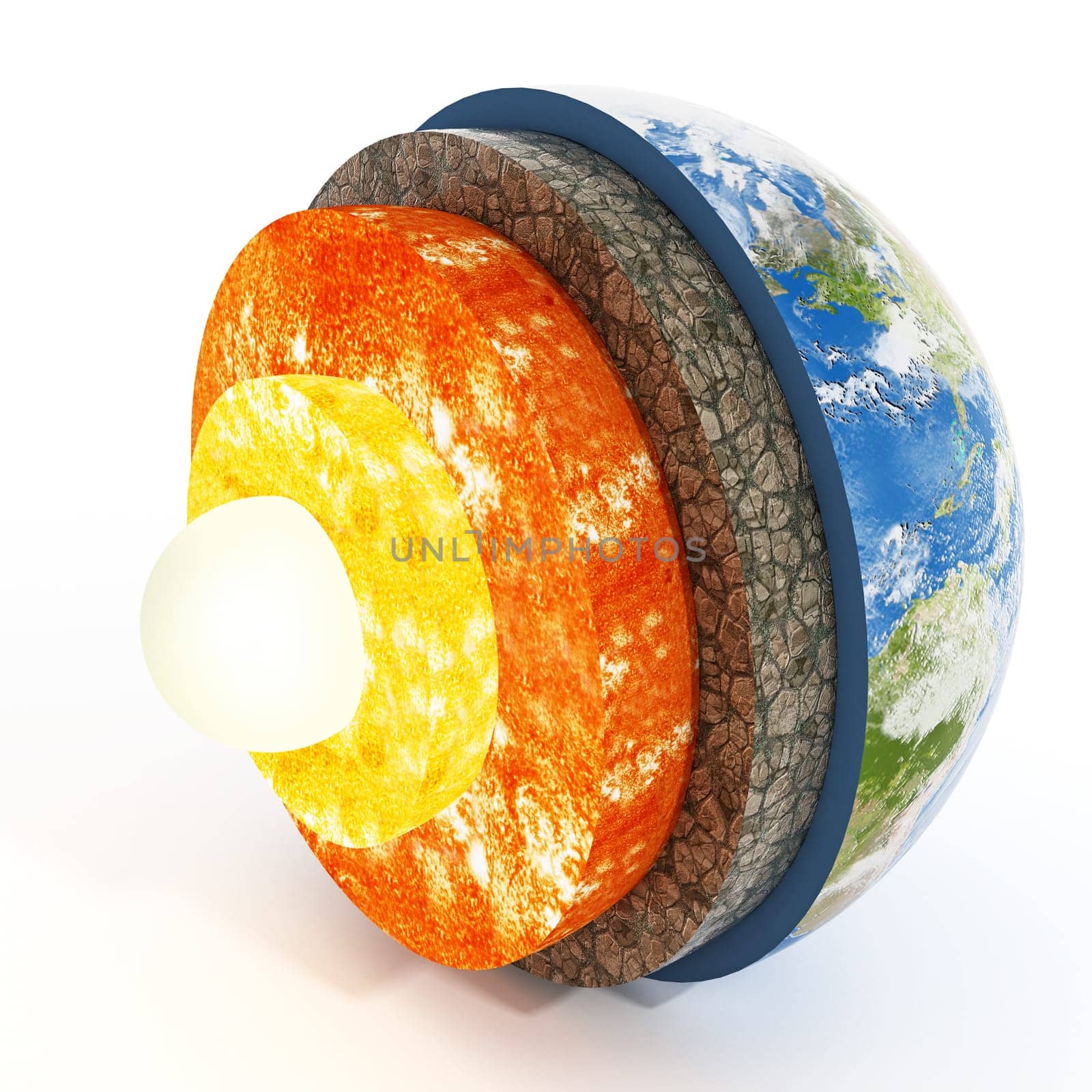 Layers of earth isolated on white background. 3D illustration.