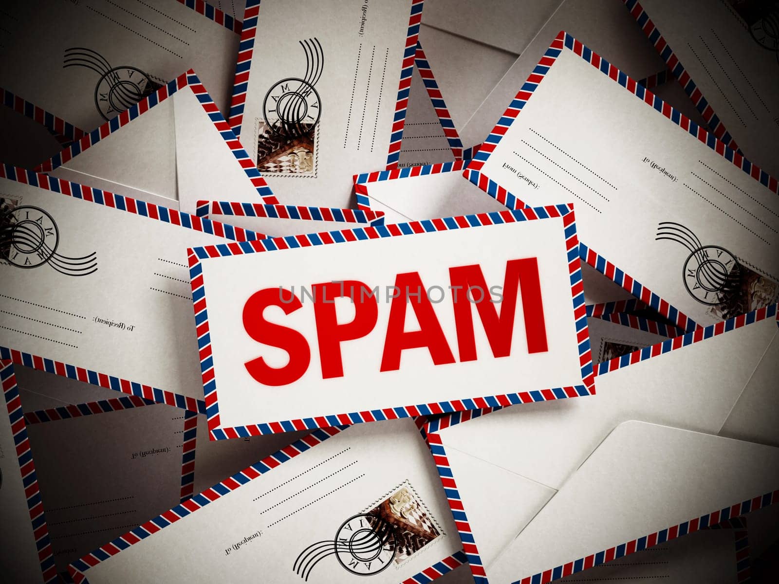 Smail mail among blank enveloppes. 3D illustration.
