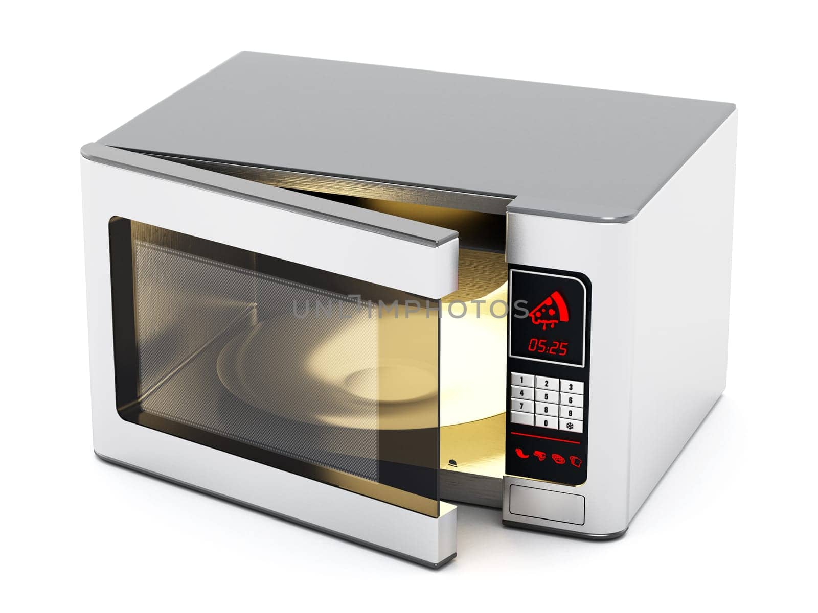 Microwave oven with half open cover. 3D illustration.