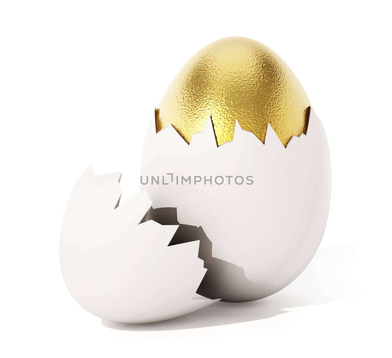 Golden egg inside white egg with broken shell. 3D illustration.