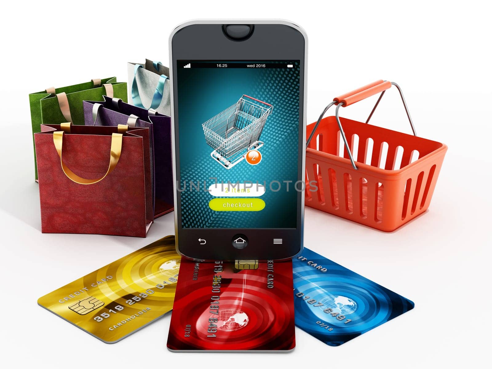 Smartphone, credit cards, shopping bags and basket isolated on white background. 3D illustration.