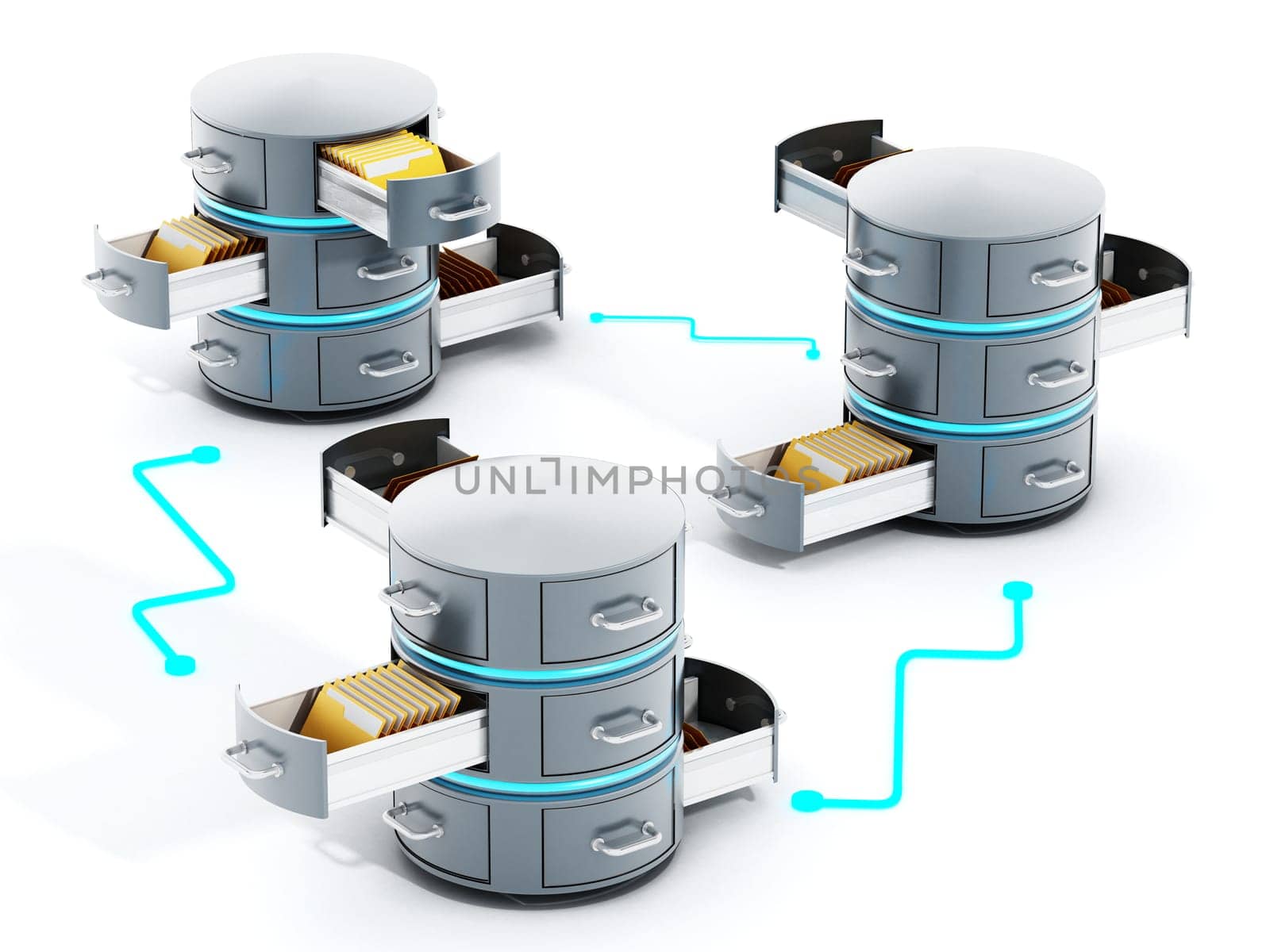 Connected data servers with open file racks. 3D illustration.