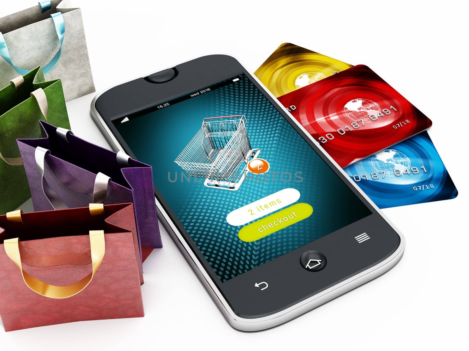 Smartphone, credit cards, shopping bags and basket isolated on white background. 3D illustration.