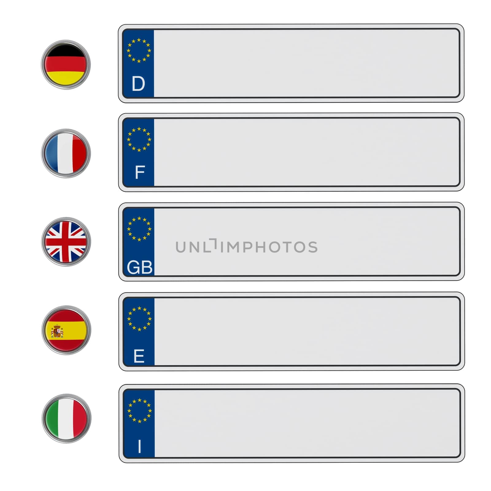 European Union license plates isolated on white background. 3D illustration.