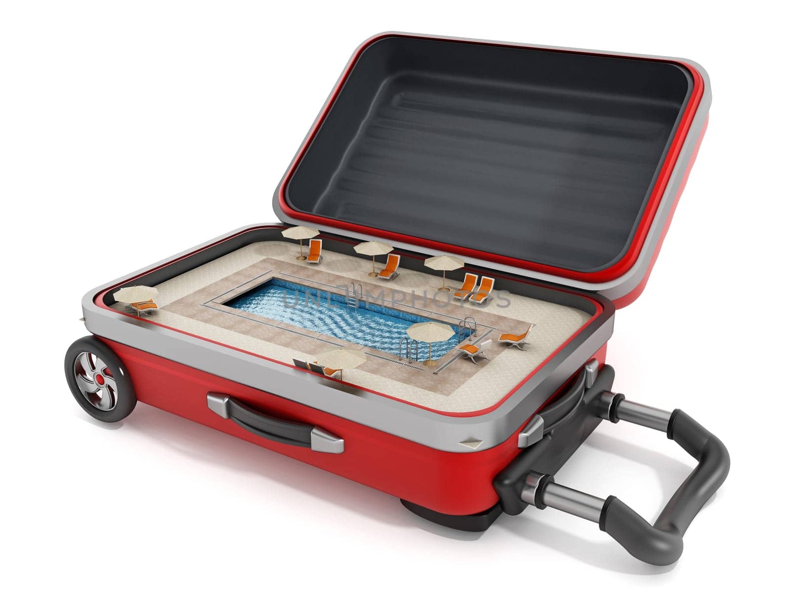 Swimming pool inside open red suitcase. 3D illustration.