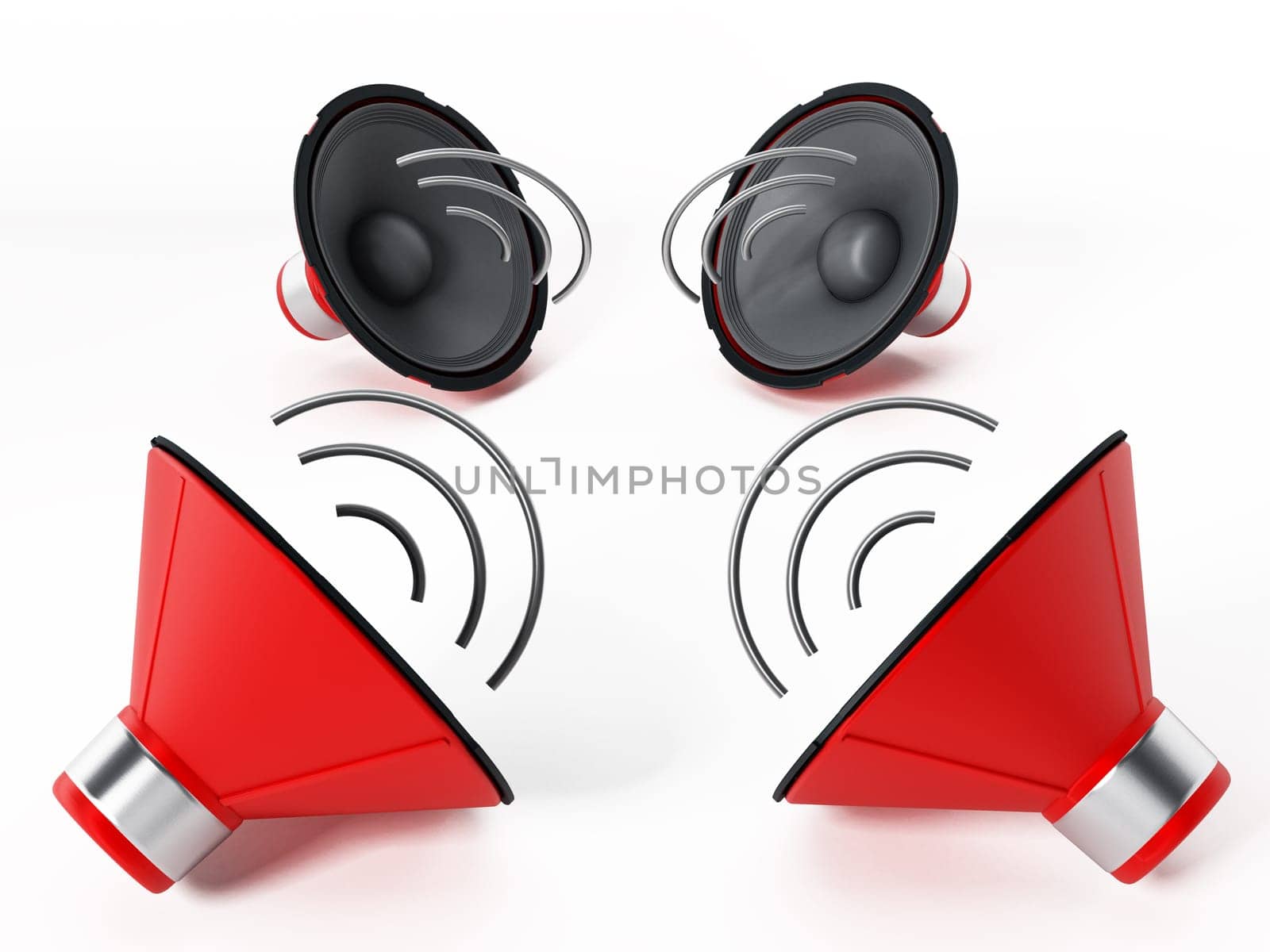 Four speakers with abstract wave isolated on white background. 3D illustration.