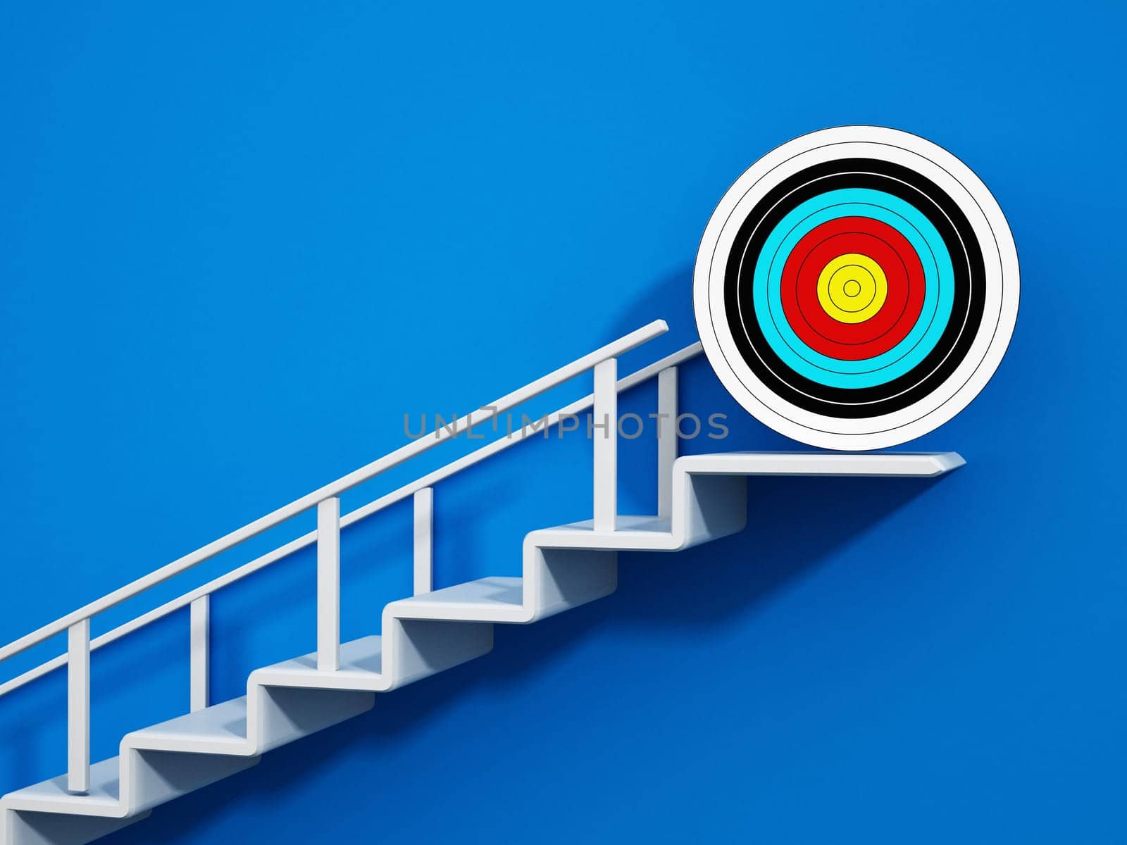 Staircase with an arrow leading up to target. 3D illustration.