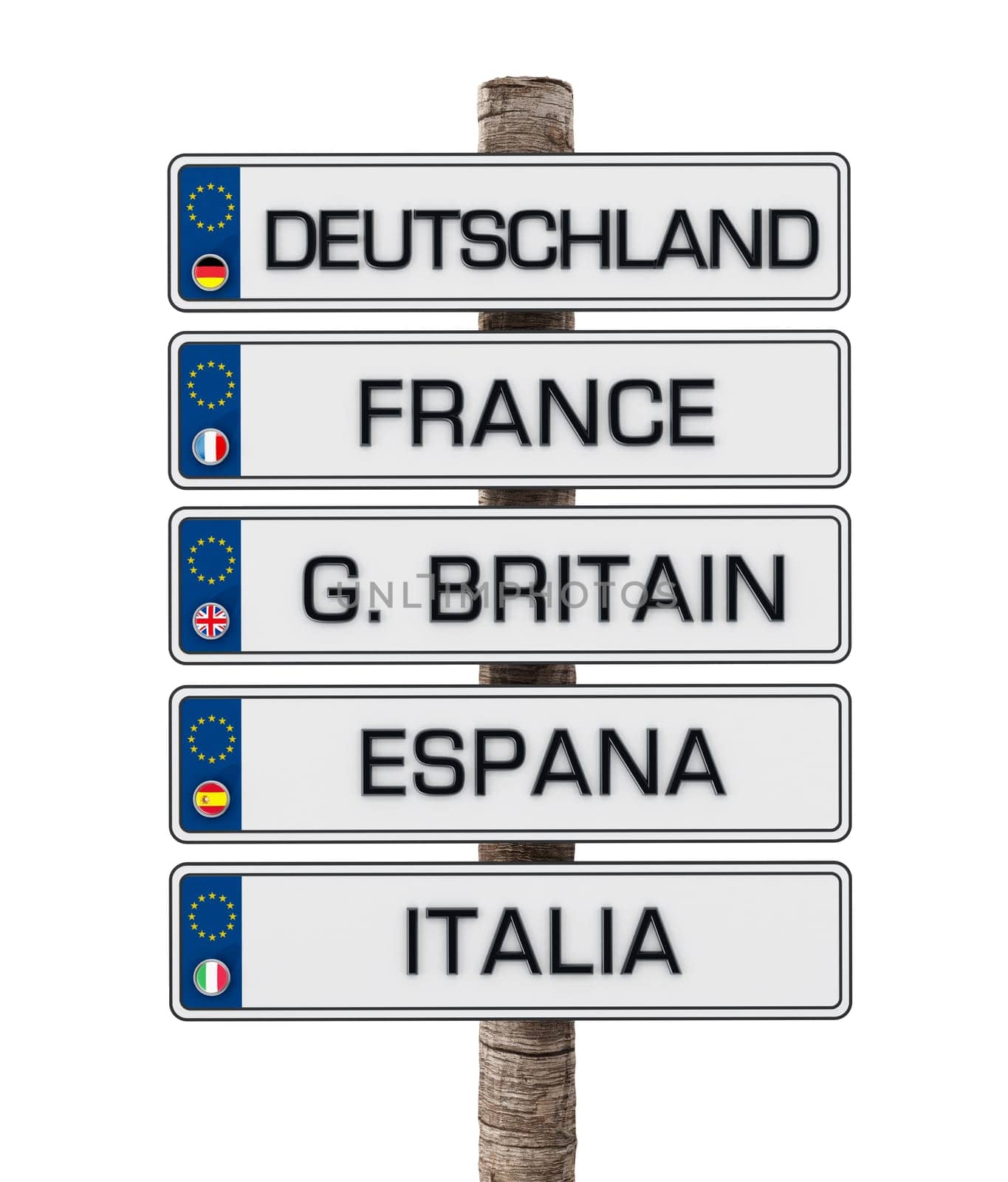 European Union license plates isolated on white background. 3D illustration.