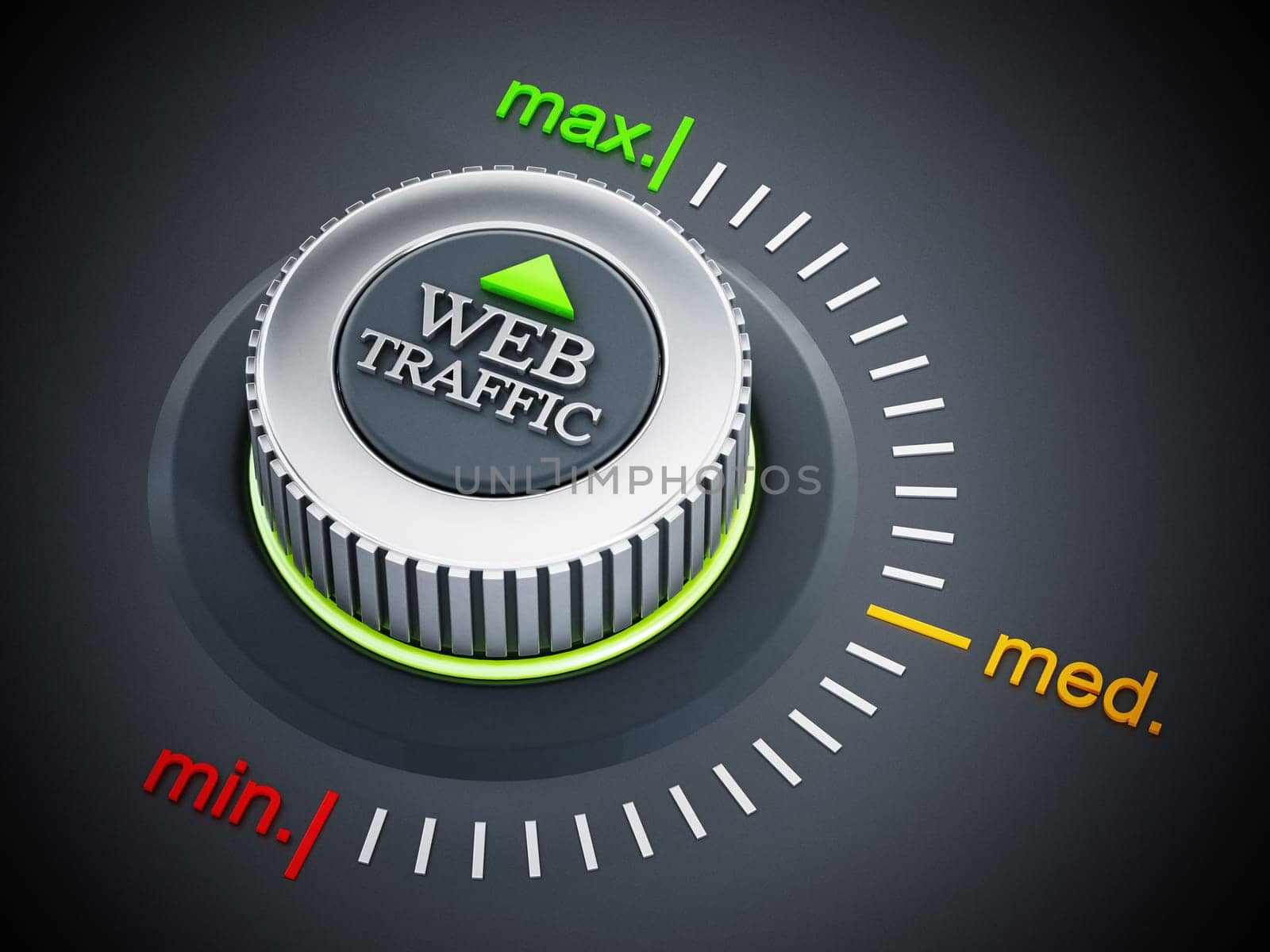 Web traffic button pointing maximum. 3D illustration.