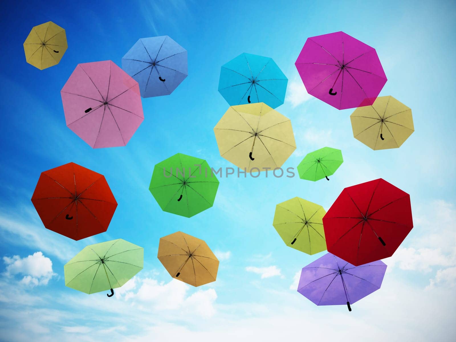 Multi colored umbrellas against blue sky. 3D illustration.