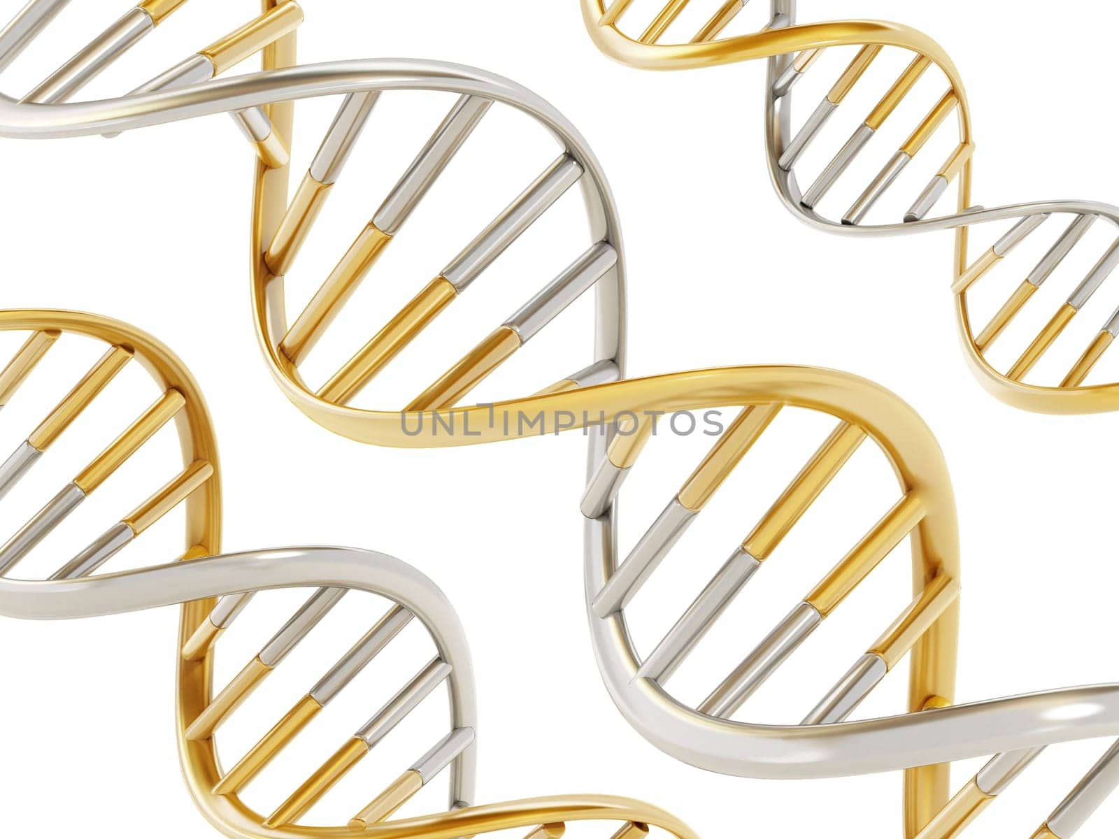 Gold and silver colored dna helix. 3D illustration.