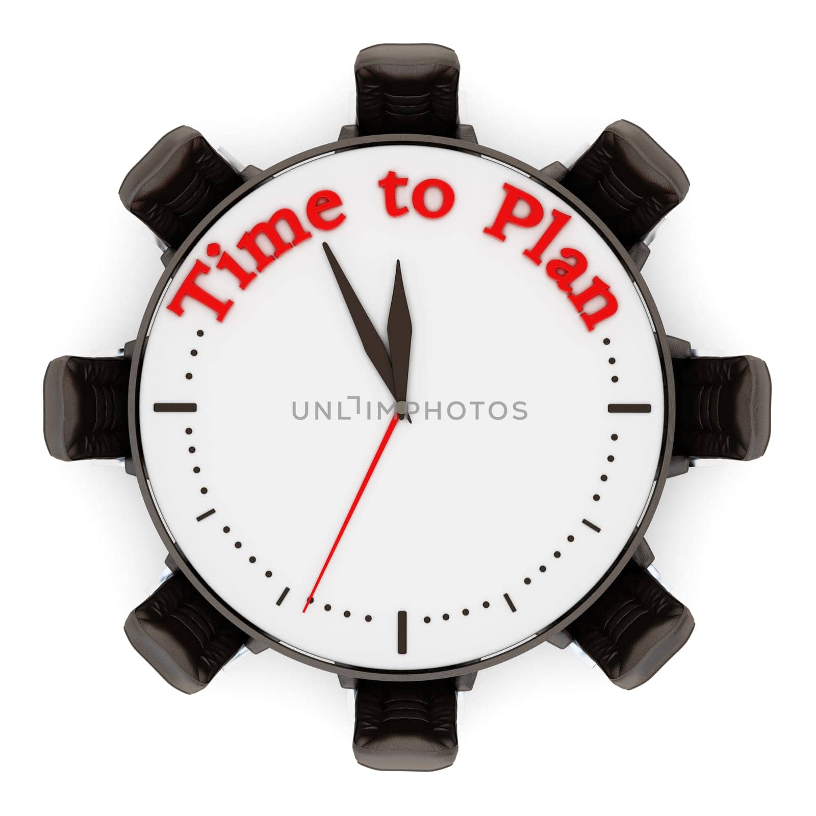 Time to plan sentence on the clock with chairs. 3D illustration.