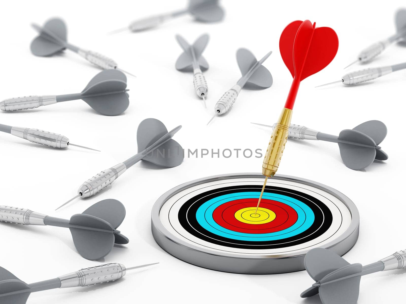 Red dart and target stand out among gray darts. 3D illustration.